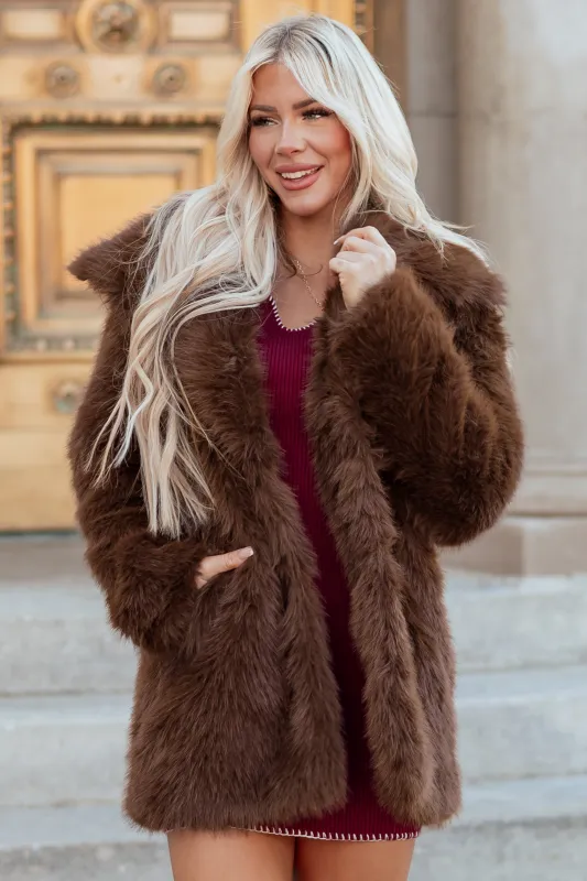 Coffee Luxe Cloud Faux Fur Collared Coat sold by Lime Lush