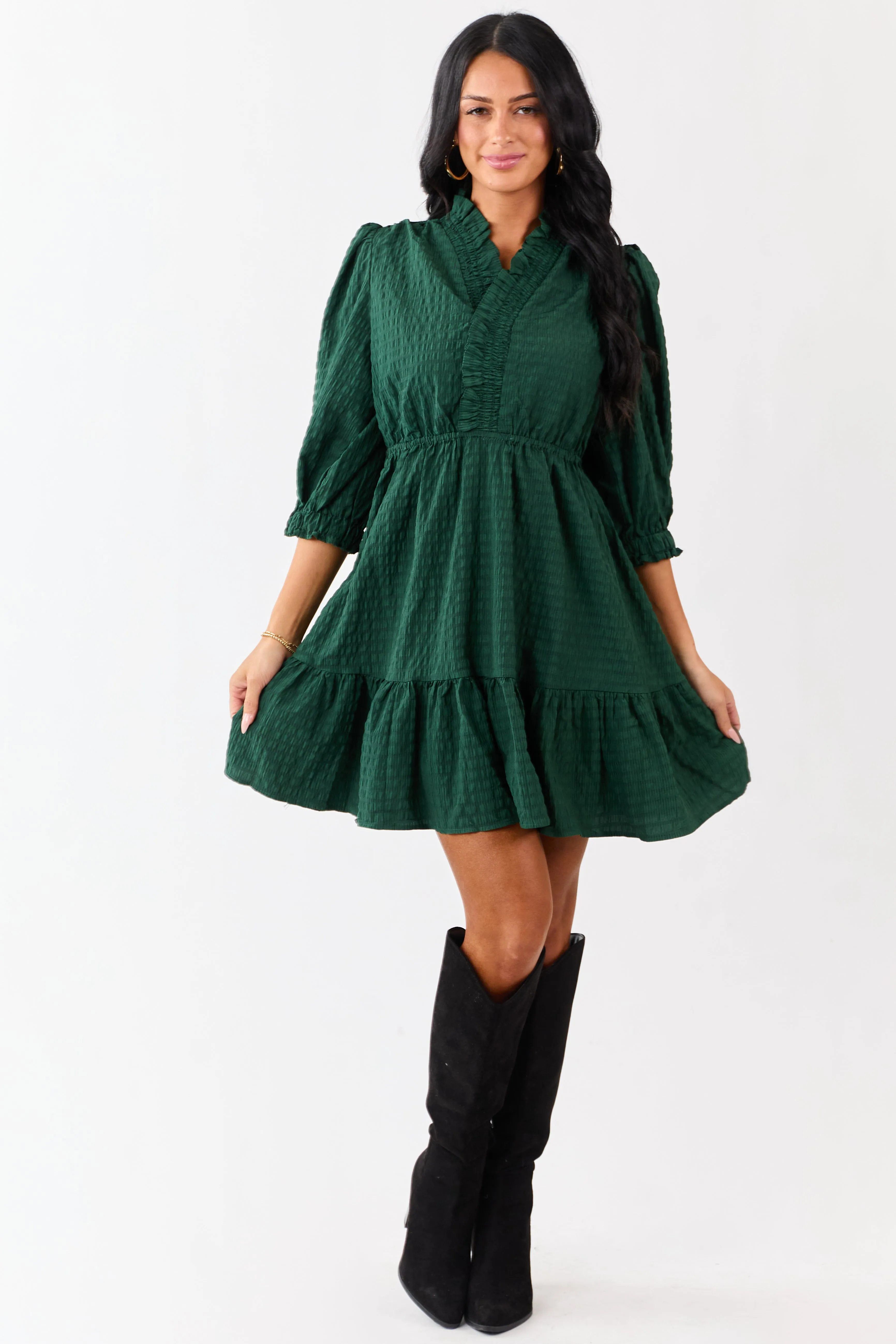 Hunter Green Surplice Neck 3/4 Bubble Sleeve Mini Dress sold by Lime Lush product image thumbnail 3