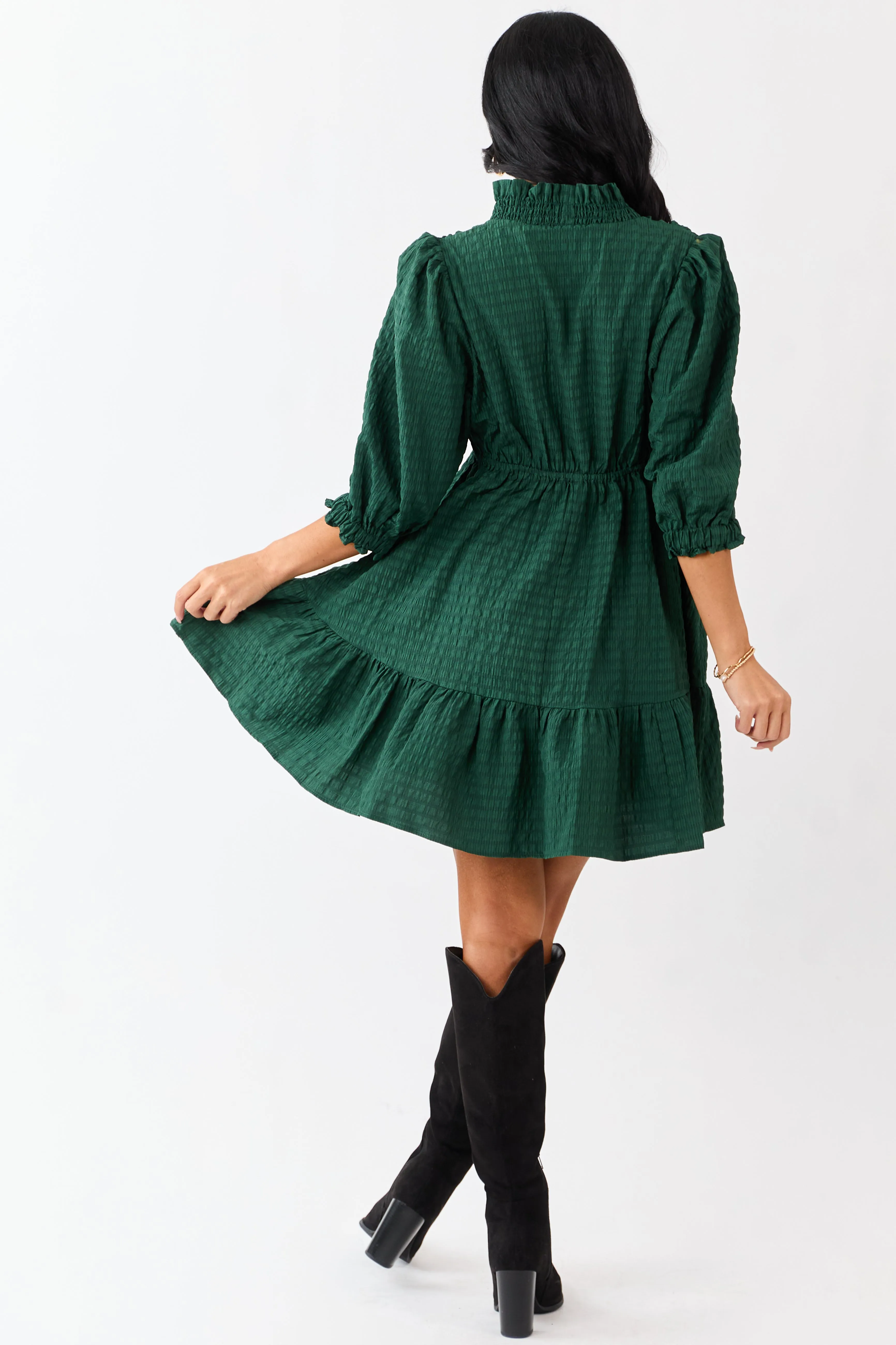 Hunter Green Surplice Neck 3/4 Bubble Sleeve Mini Dress sold by Lime Lush product image thumbnail 5