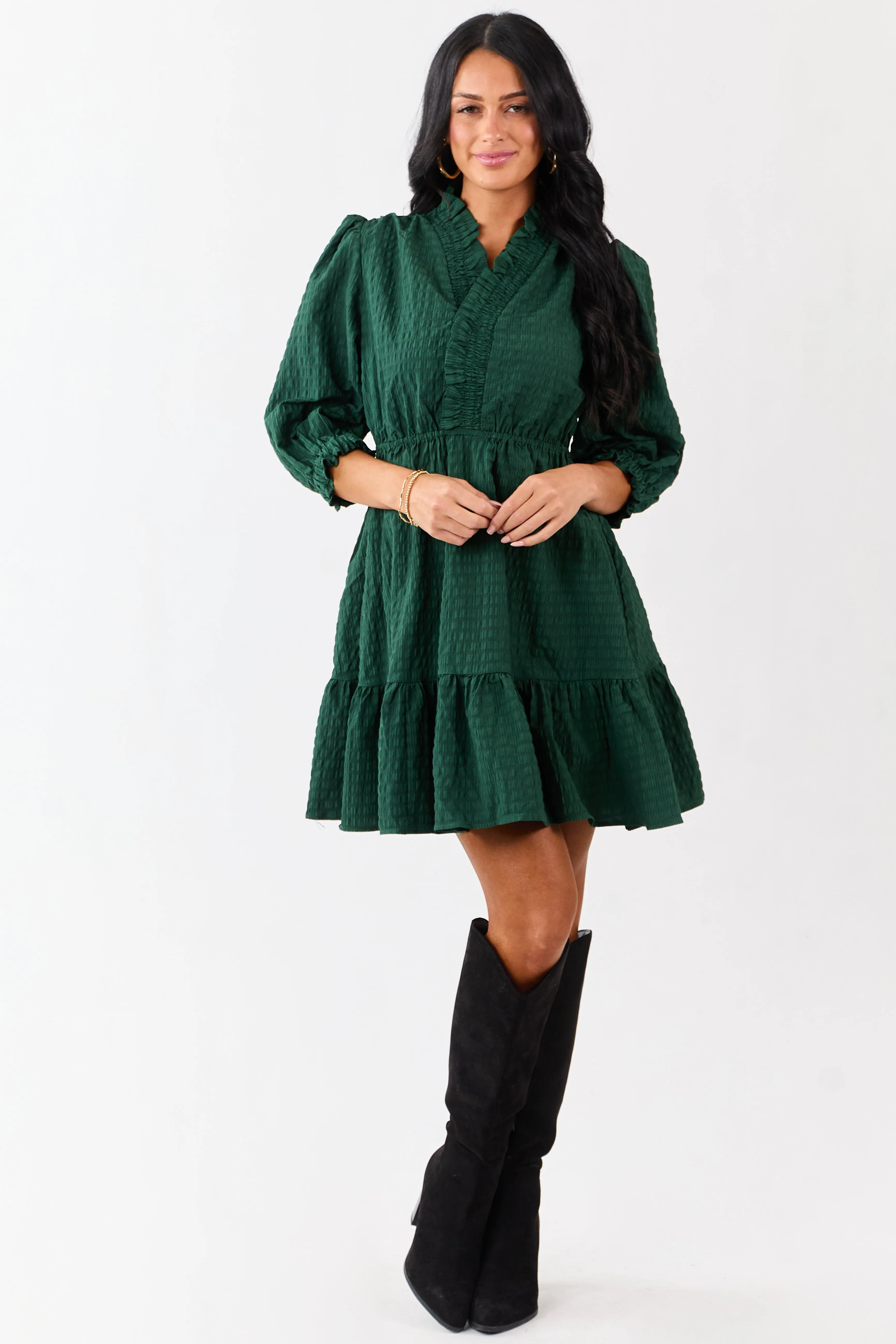 Hunter Green Surplice Neck 3/4 Bubble Sleeve Mini Dress sold by Lime Lush product image thumbnail 2