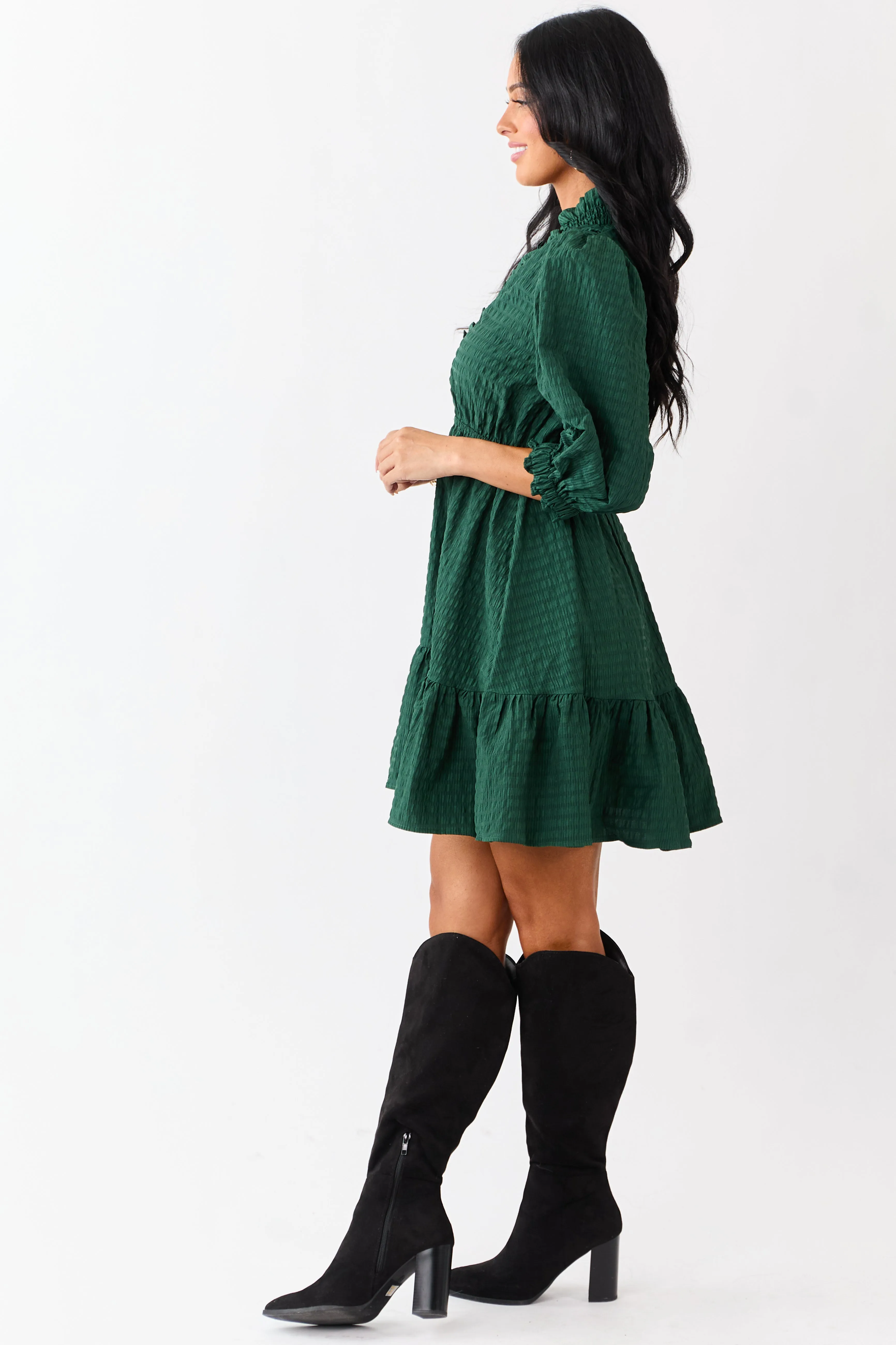 Hunter Green Surplice Neck 3/4 Bubble Sleeve Mini Dress sold by Lime Lush product image thumbnail 4