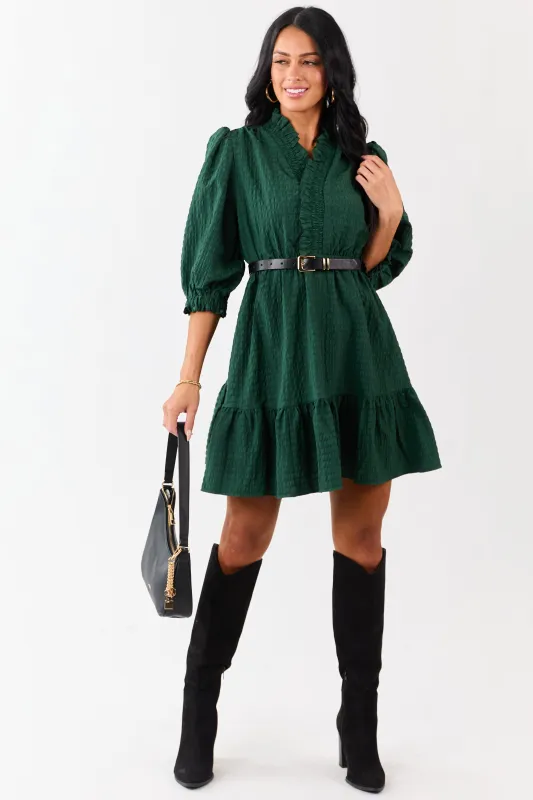 Hunter Green Surplice Neck 3/4 Bubble Sleeve Mini Dress sold by Lime Lush
