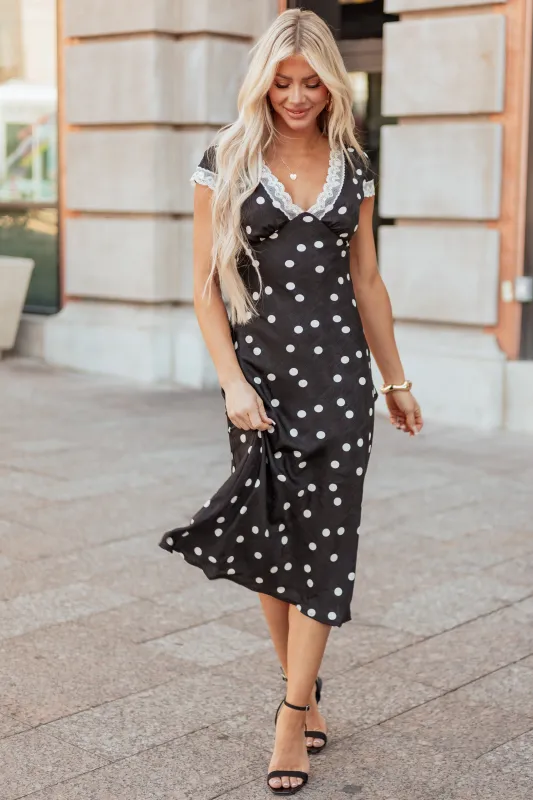 Black Polka Dot Lace Trim V-Neck Maxi Dress sold by Lime Lush