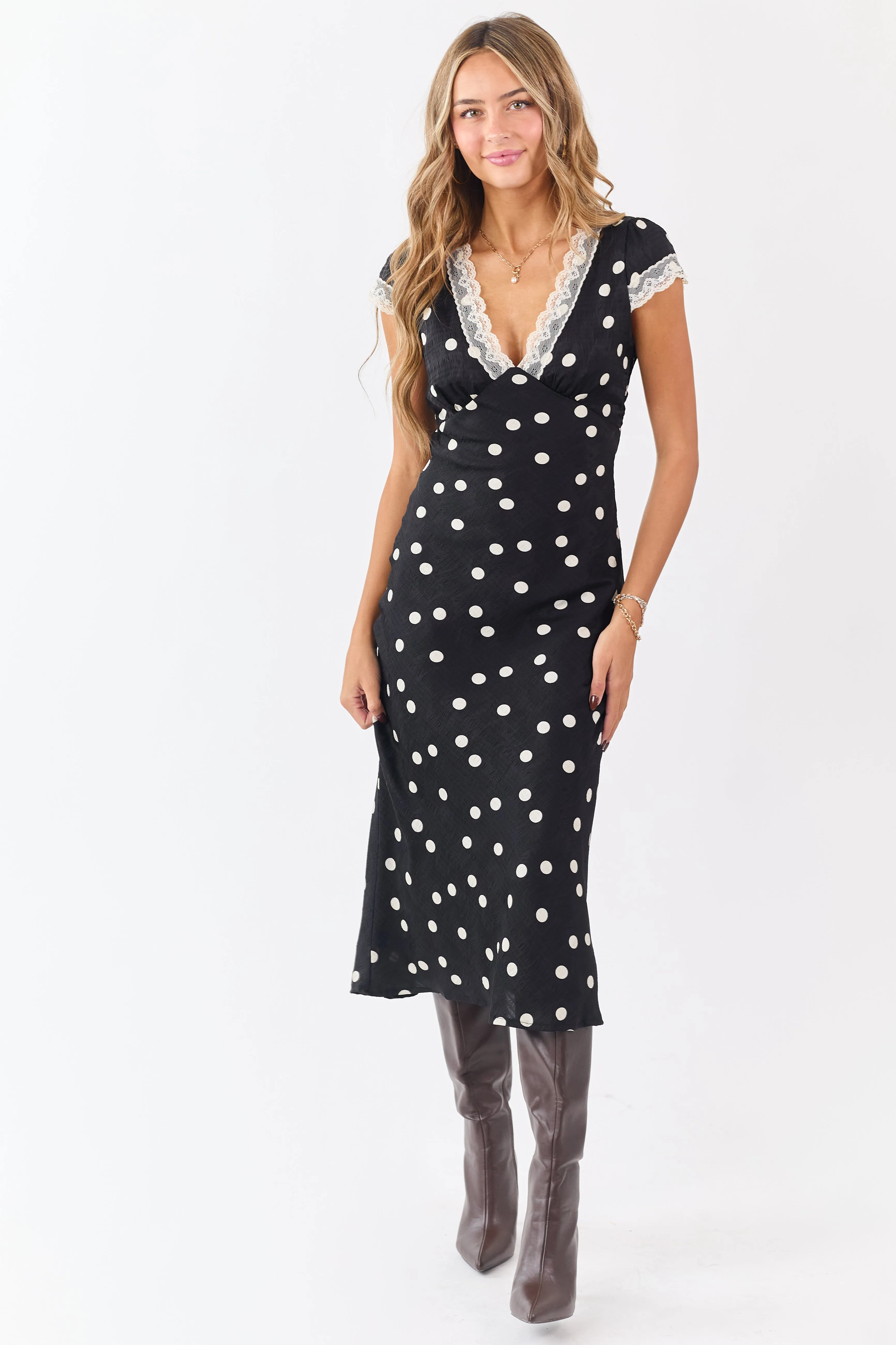 Black Polka Dot Lace Trim V-Neck Maxi Dress sold by Lime Lush product image thumbnail 2