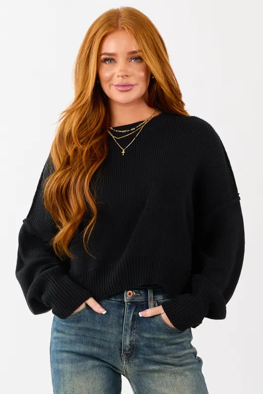 Black Boxy Drop Shoulder Crop Rib Knit Sweater sold by Lime Lush