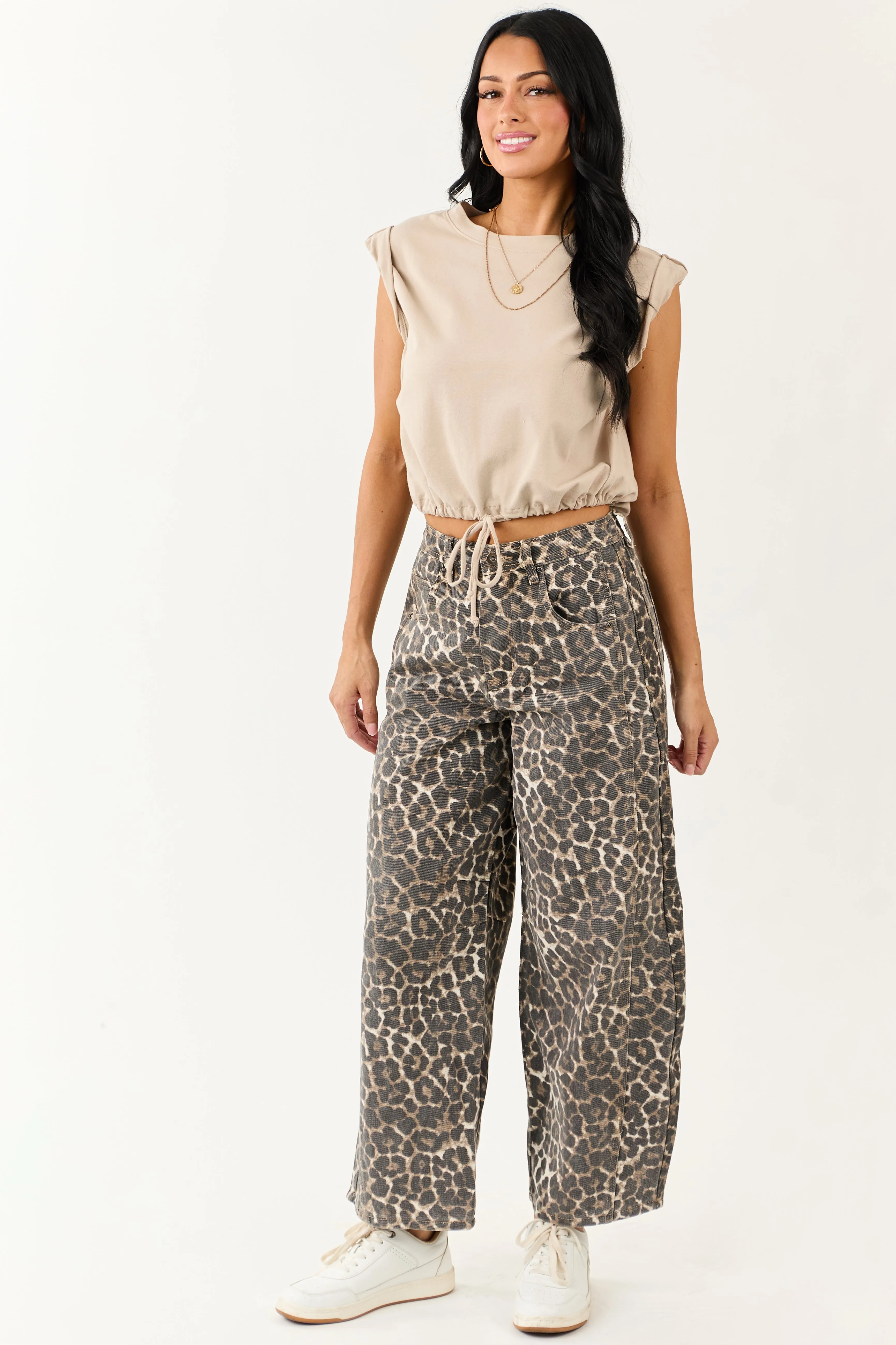 Oatmeal Rolled Sleeve Drawstring Hem Top sold by Lime Lush product image thumbnail 2