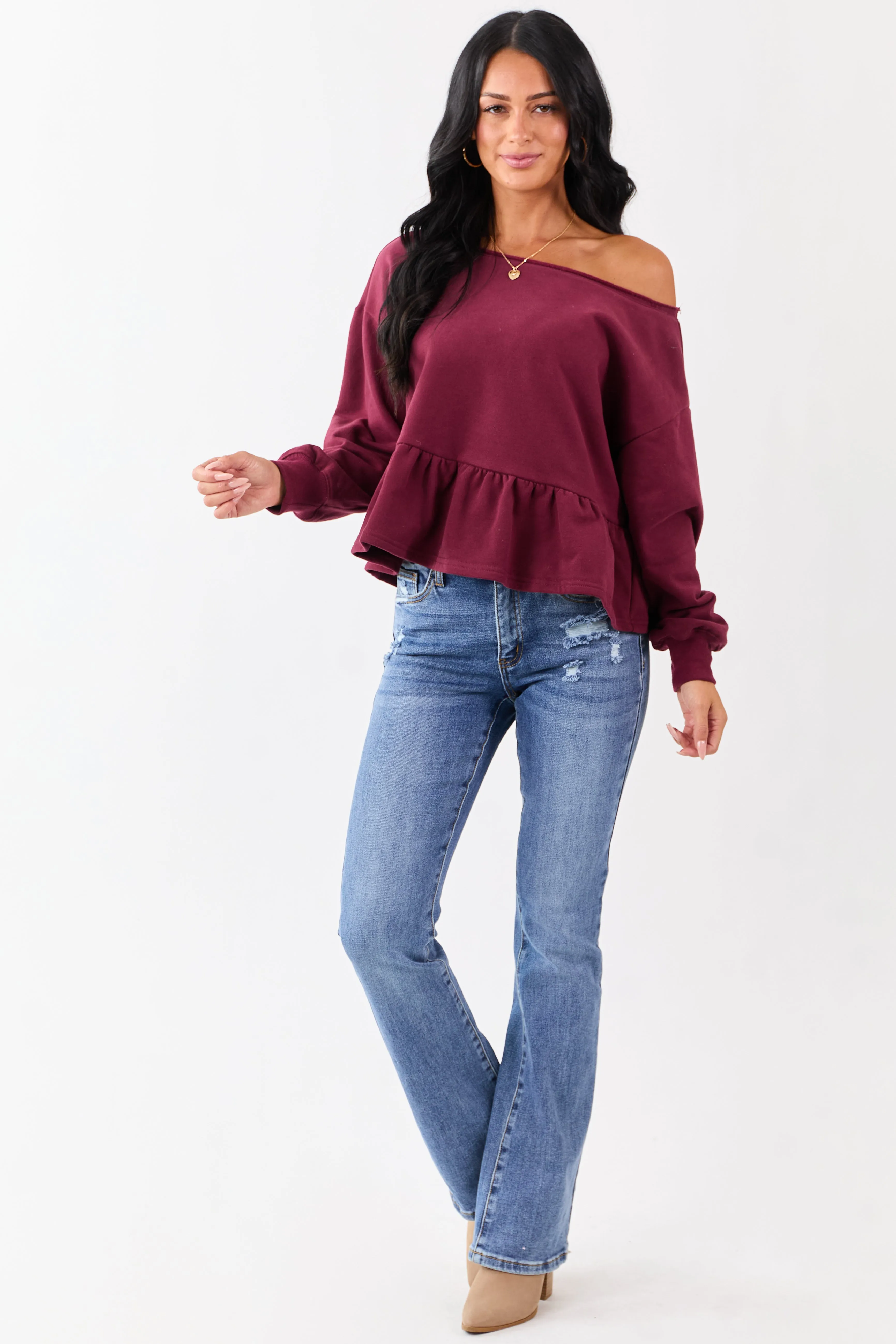 Wine One Shoulder Peplum Relaxed Sweatshirt Top sold by Lime Lush product image thumbnail 2