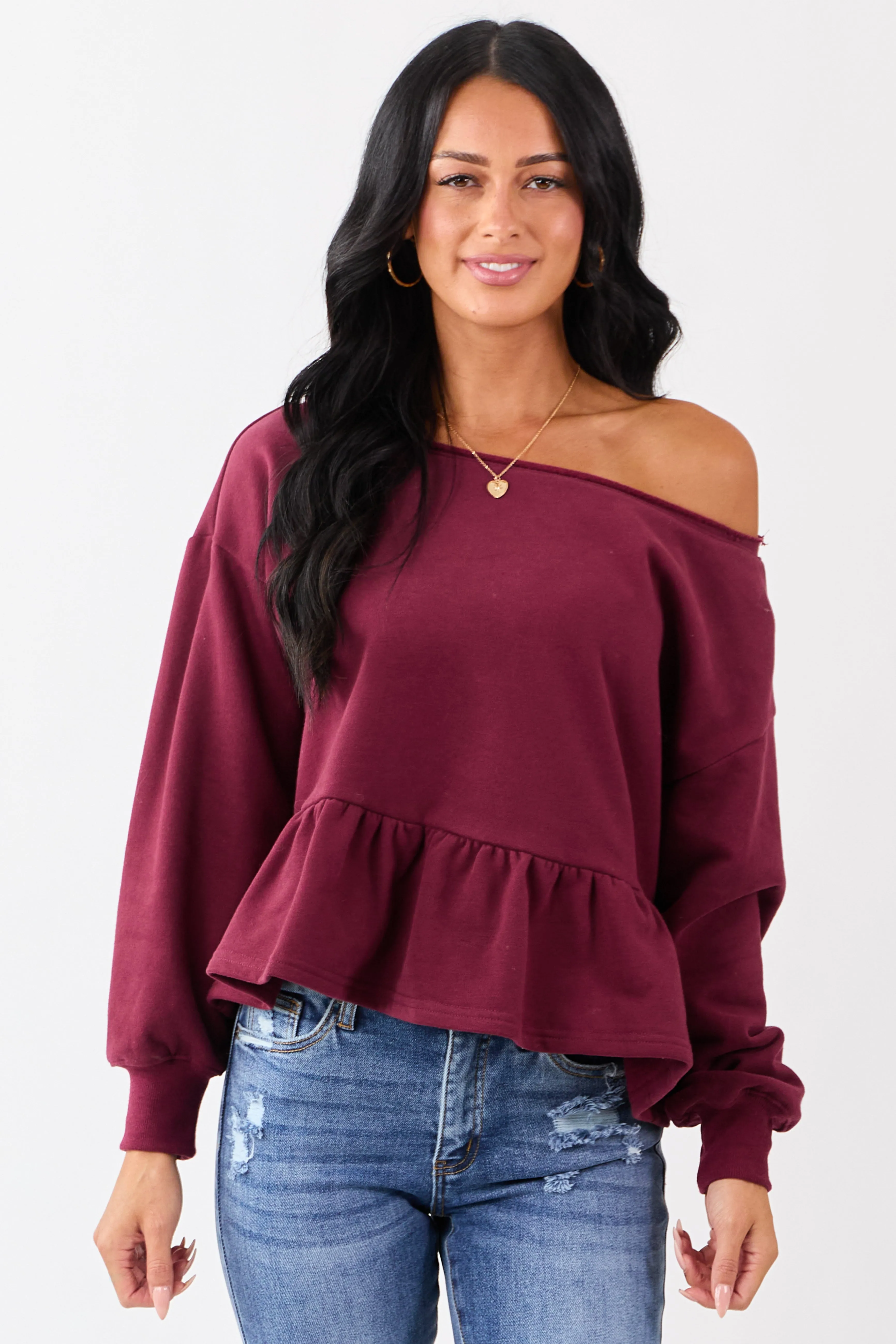 Wine One Shoulder Peplum Relaxed Sweatshirt Top sold by Lime Lush