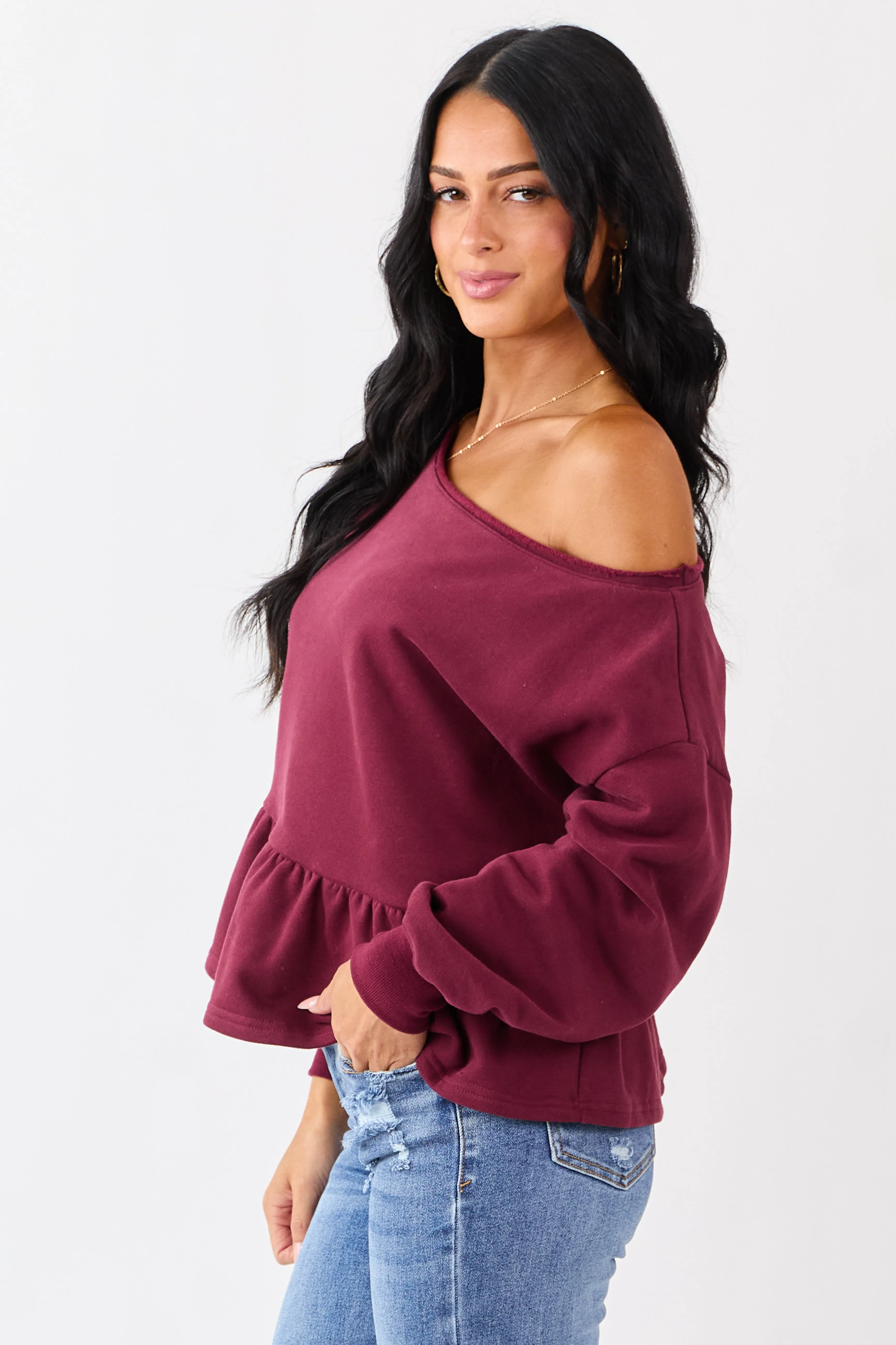 Wine One Shoulder Peplum Relaxed Sweatshirt Top sold by Lime Lush product image thumbnail 4
