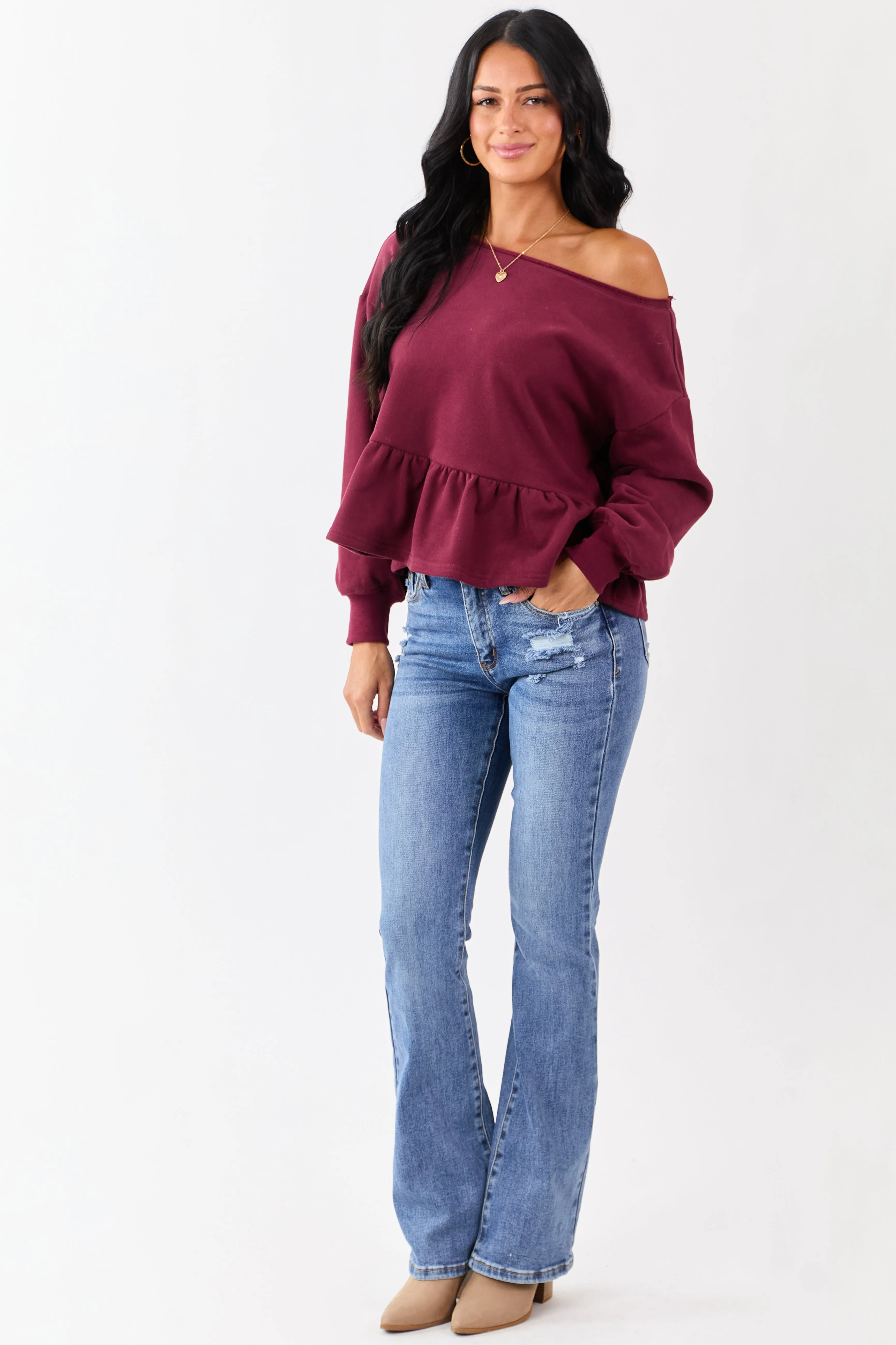 Wine One Shoulder Peplum Relaxed Sweatshirt Top sold by Lime Lush product image thumbnail 3