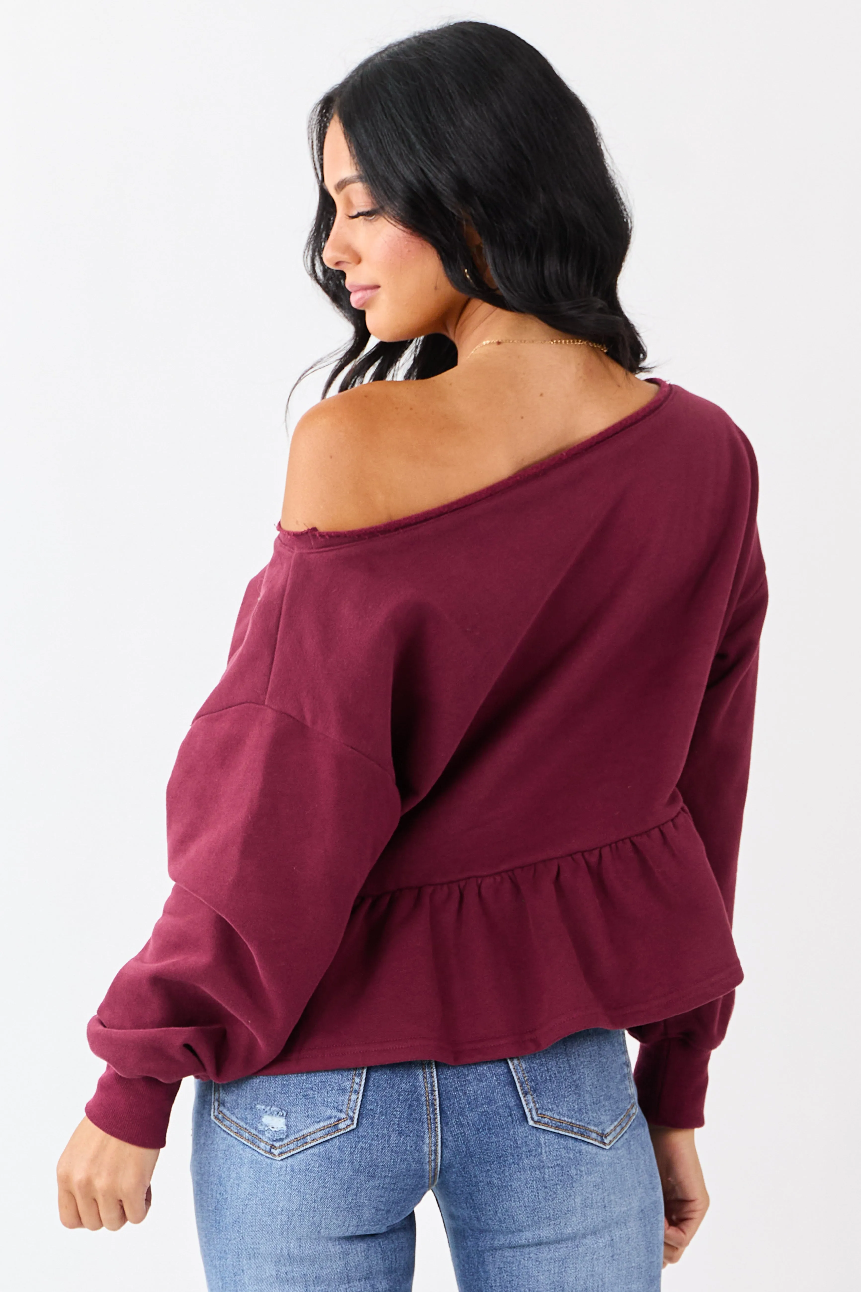 Wine One Shoulder Peplum Relaxed Sweatshirt Top sold by Lime Lush product image thumbnail 5