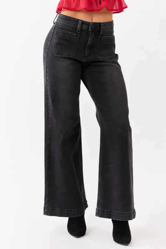 Black Washed Patch Pocket High Rise Wide Leg Jeans sold by Lime Lush