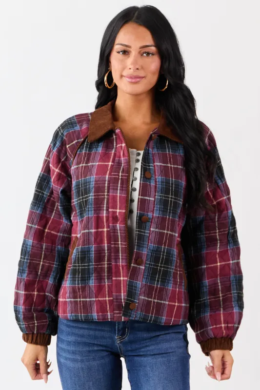 Ruby Cotton Quilted Plaid Contrast Corduroy Jacket sold by Lime Lush