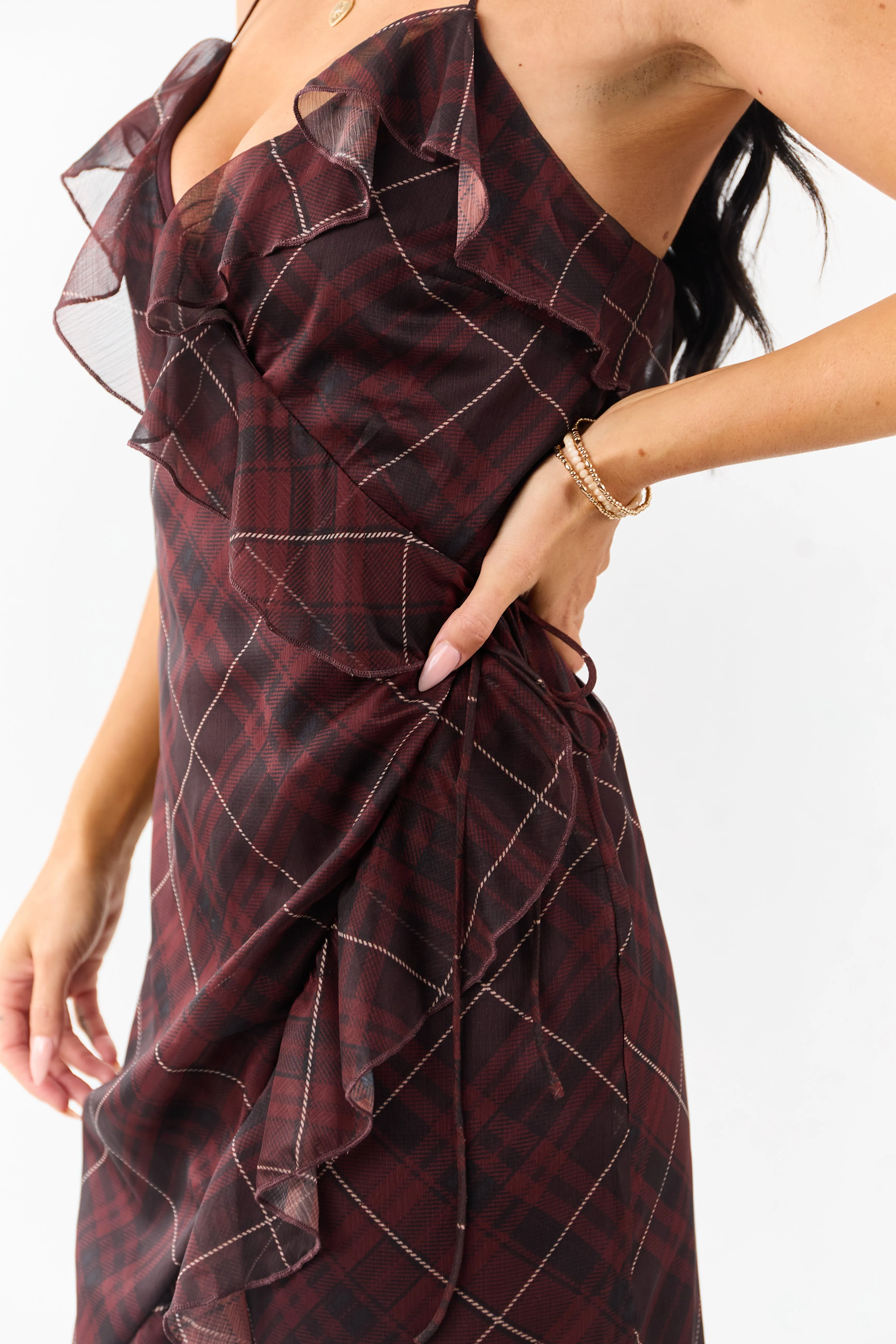 Mahogany Plaid Ruffled Wrap Style Short Dress sold by Lime Lush product image thumbnail 5