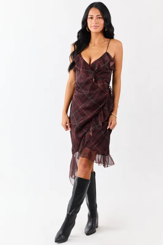 Mahogany Plaid Ruffled Wrap Style Short Dress sold by Lime Lush