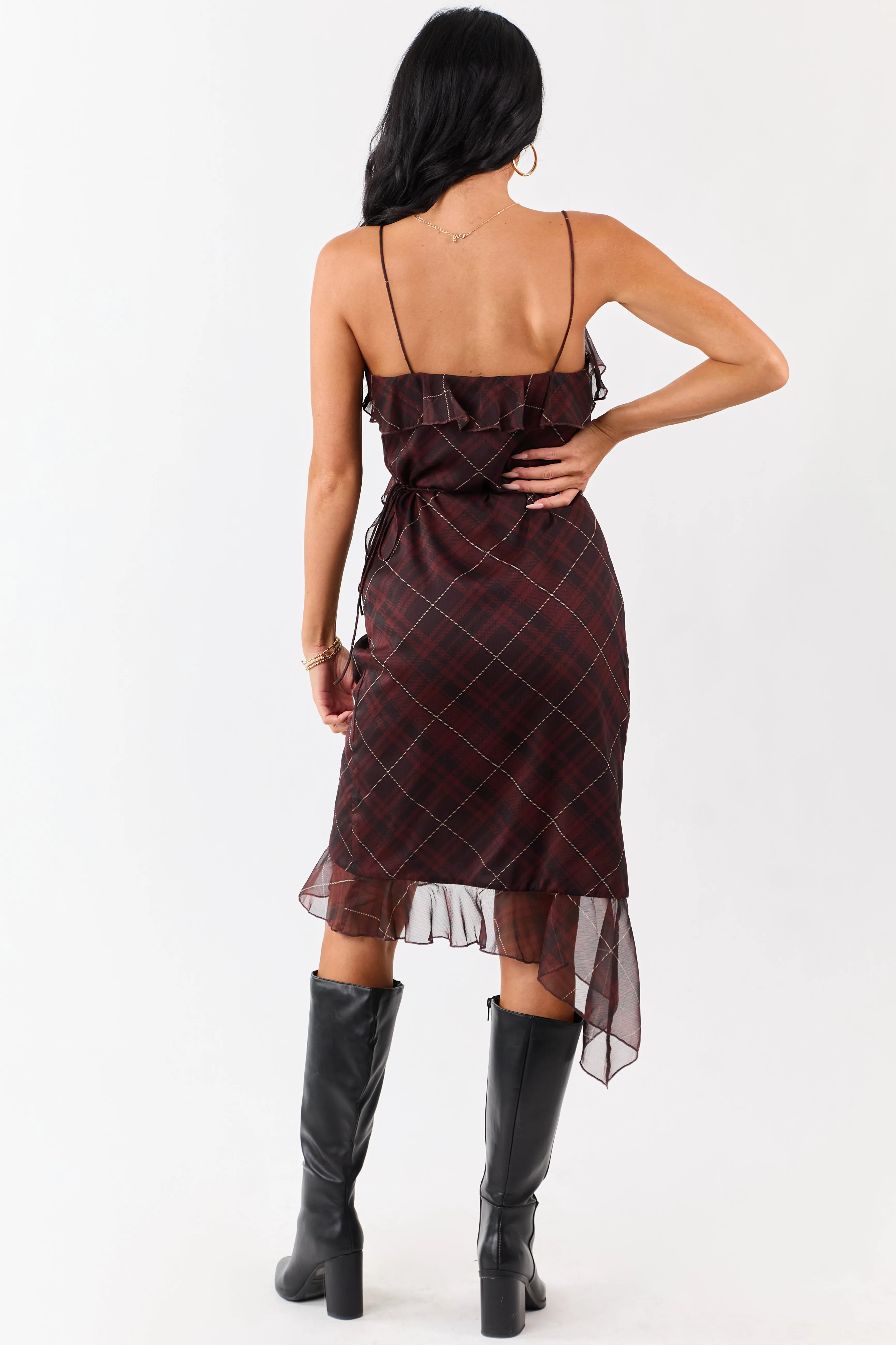 Mahogany Plaid Ruffled Wrap Style Short Dress sold by Lime Lush product image thumbnail 4