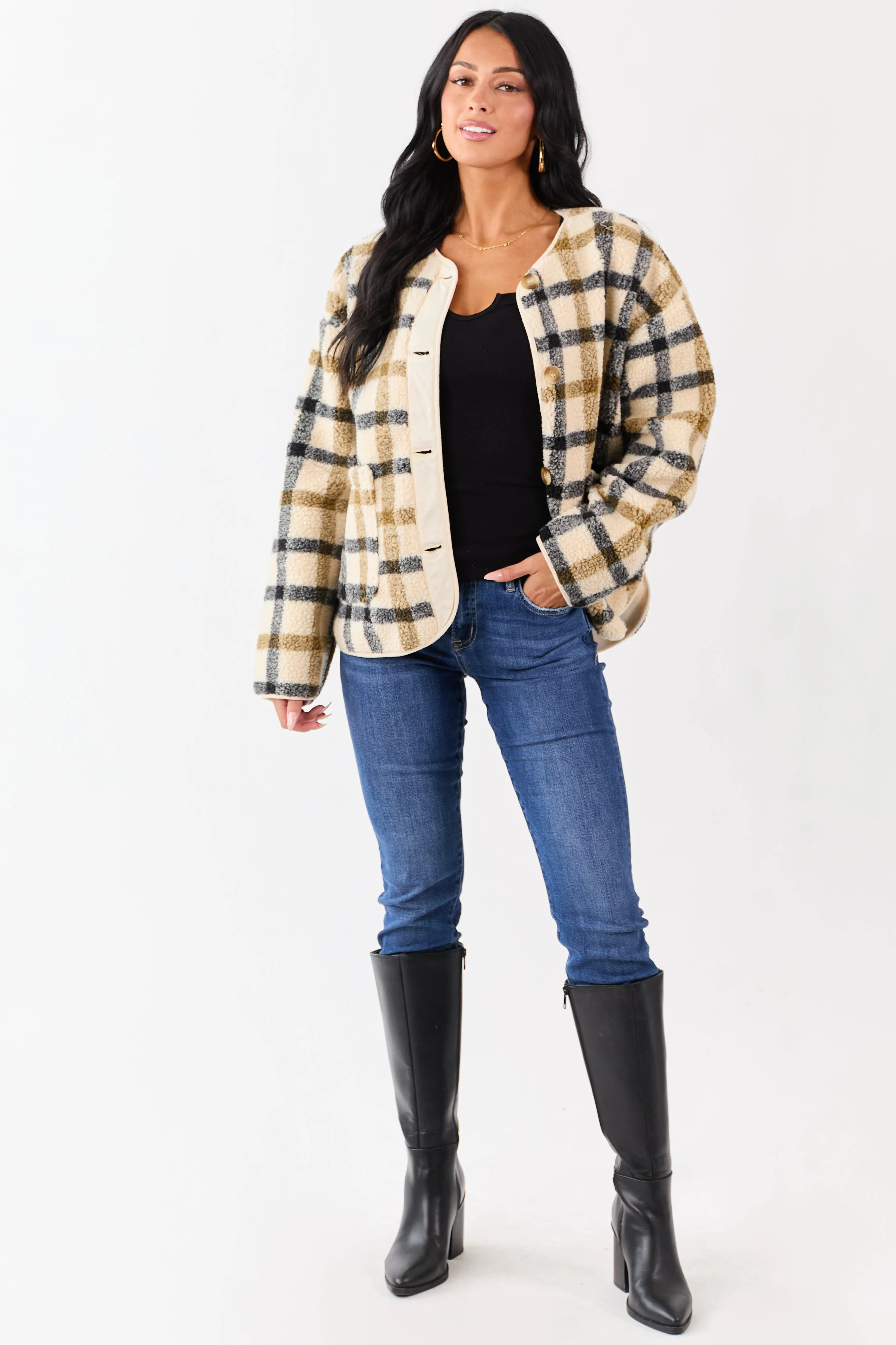 Cream Plaid Sherpa Button Down Teddy Jacket sold by Lime Lush product image thumbnail 2