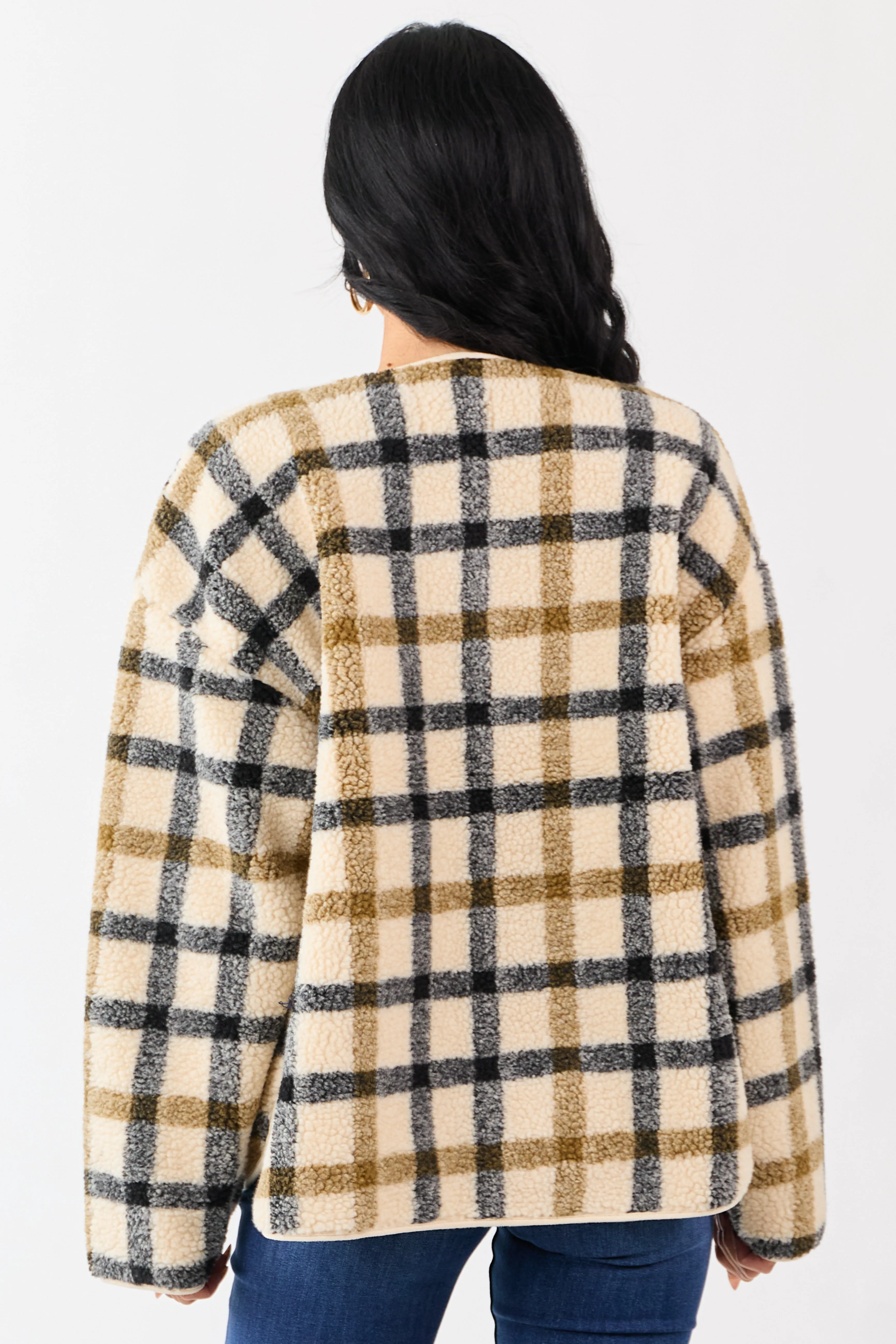Cream Plaid Sherpa Button Down Teddy Jacket sold by Lime Lush product image thumbnail 5