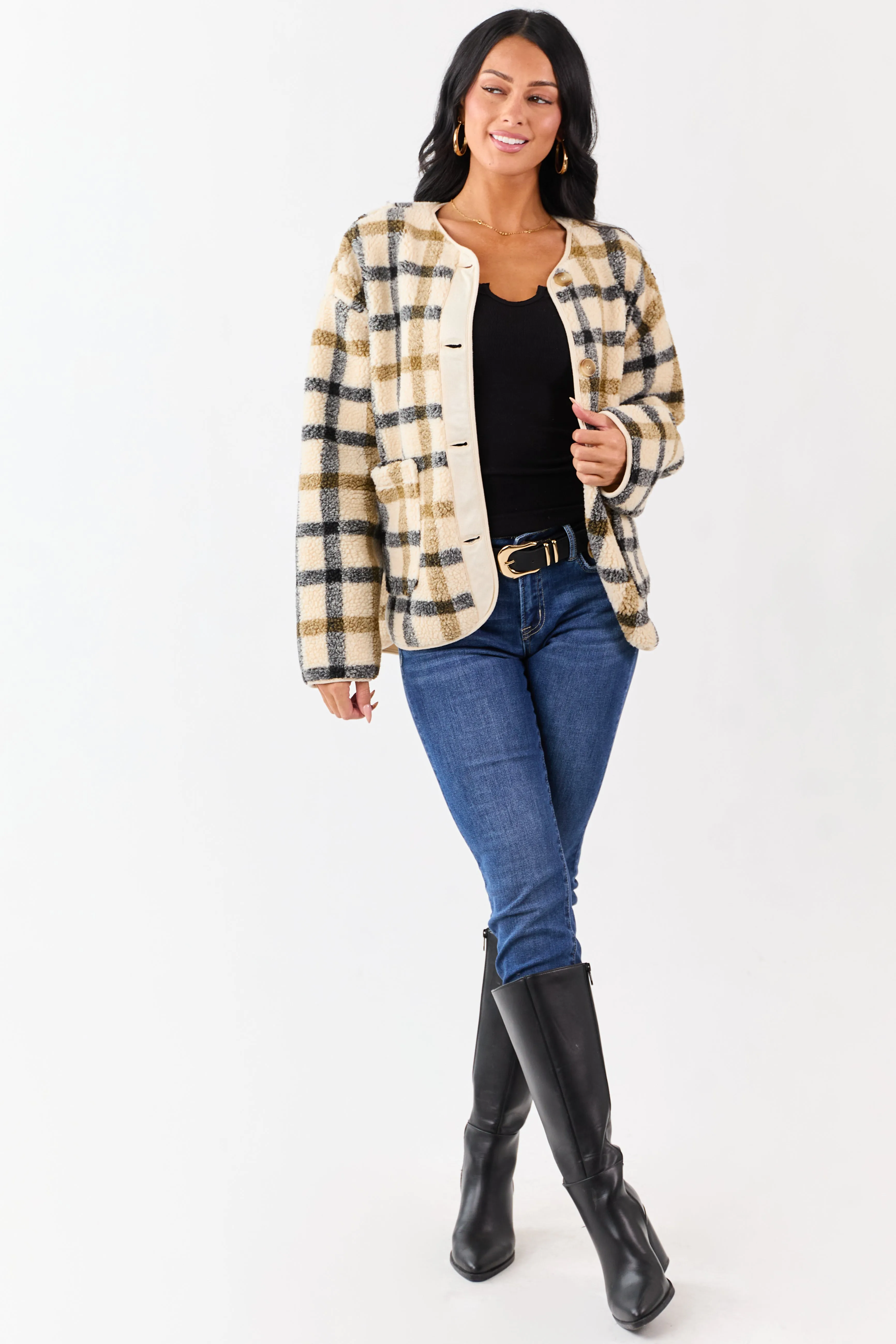 Cream Plaid Sherpa Button Down Teddy Jacket sold by Lime Lush product image thumbnail 3