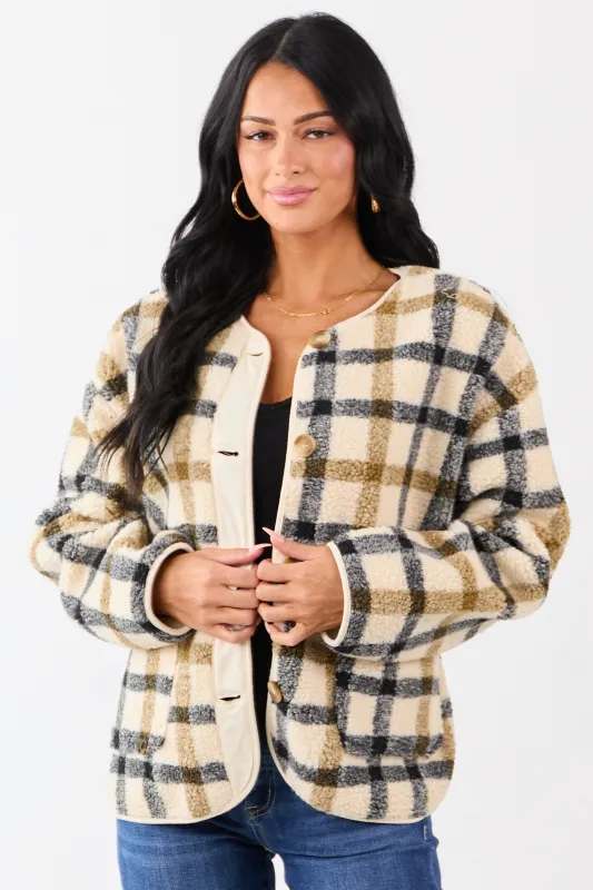 Cream Plaid Sherpa Button Down Teddy Jacket sold by Lime Lush