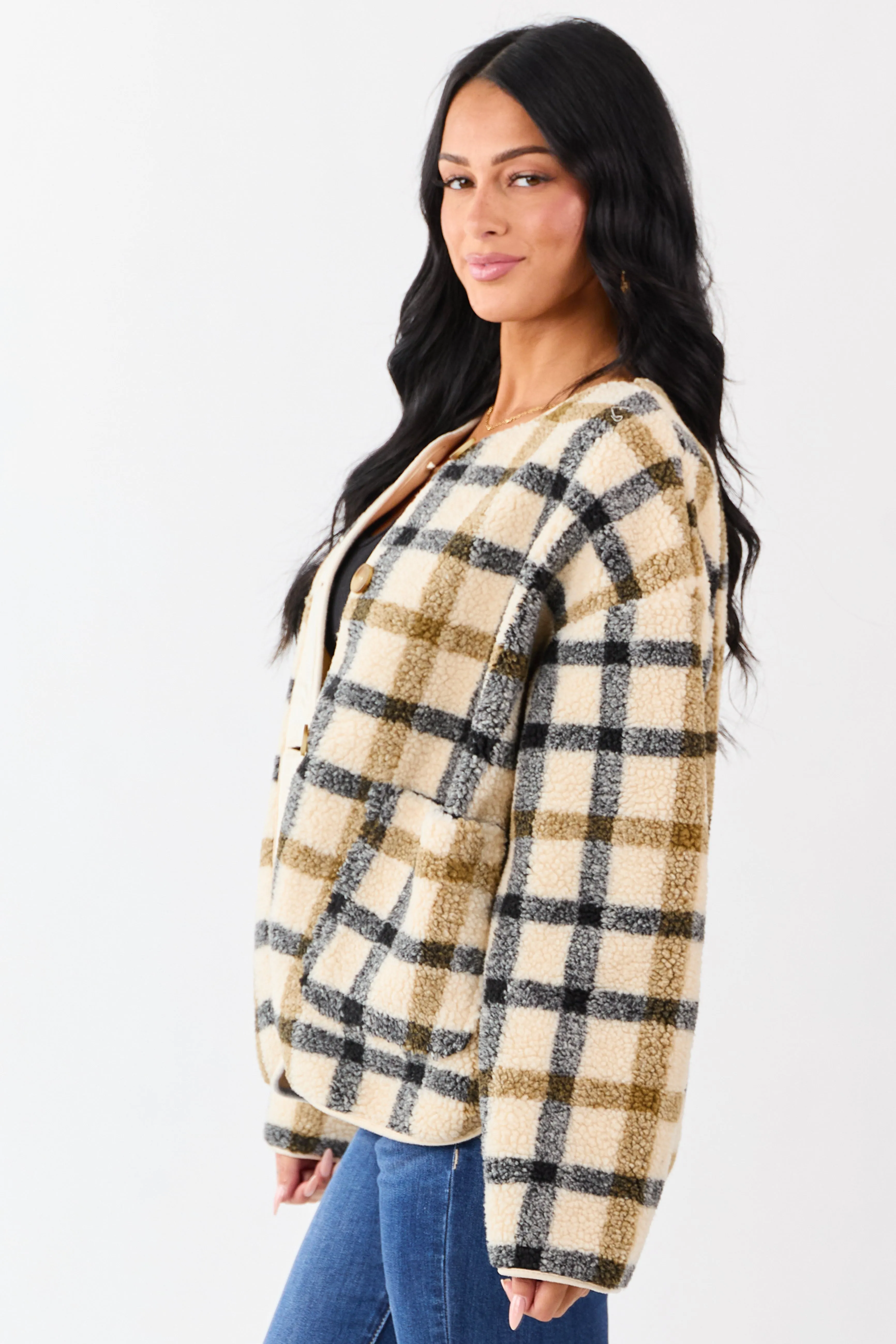 Cream Plaid Sherpa Button Down Teddy Jacket sold by Lime Lush product image thumbnail 4