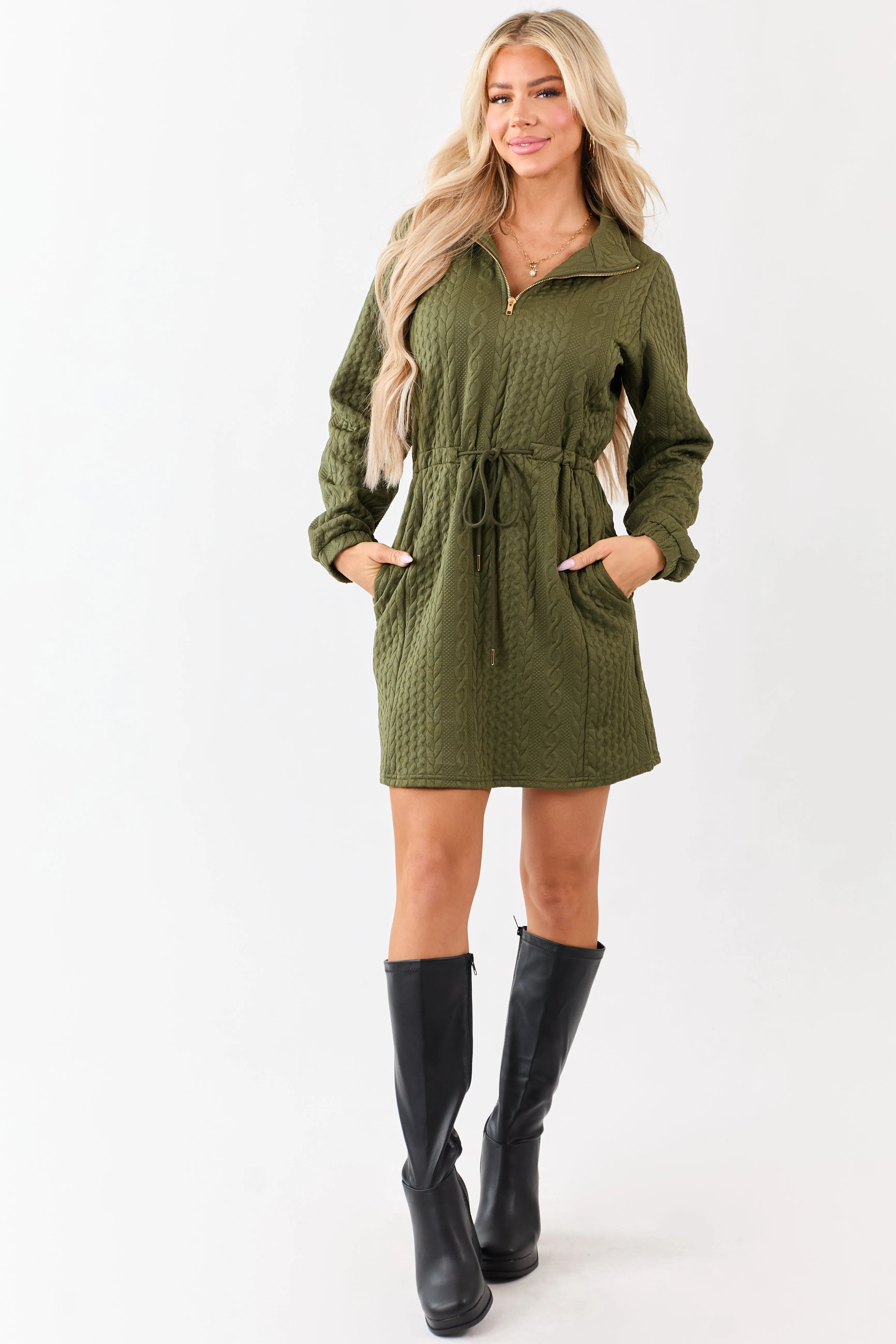 Dark Olive Cable Knit Quarter Zip Mini Dress sold by Lime Lush