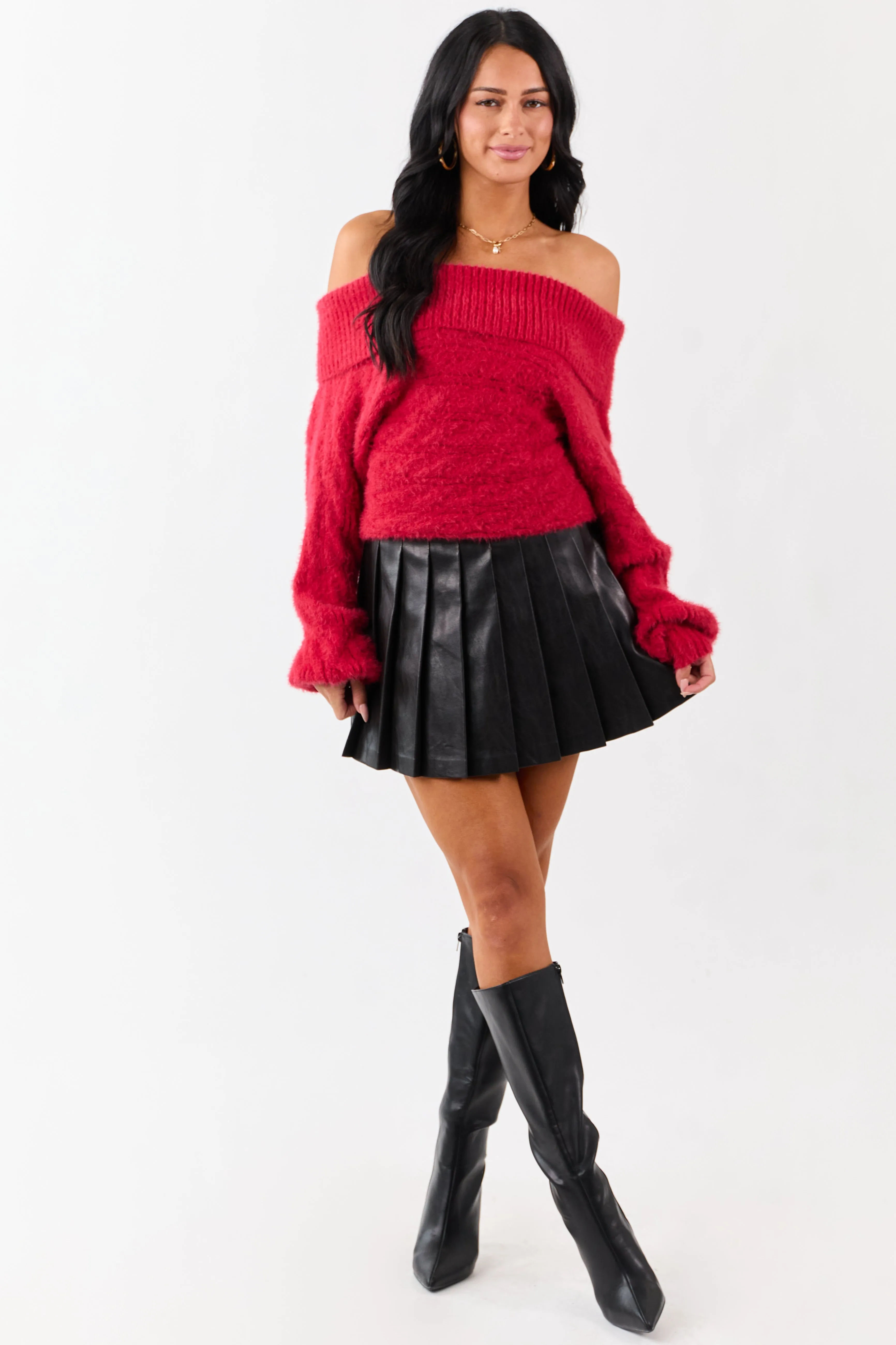Ruby Fold Over Off Shoulder Eyelash Knit Sweater sold by Lime Lush product image thumbnail 2