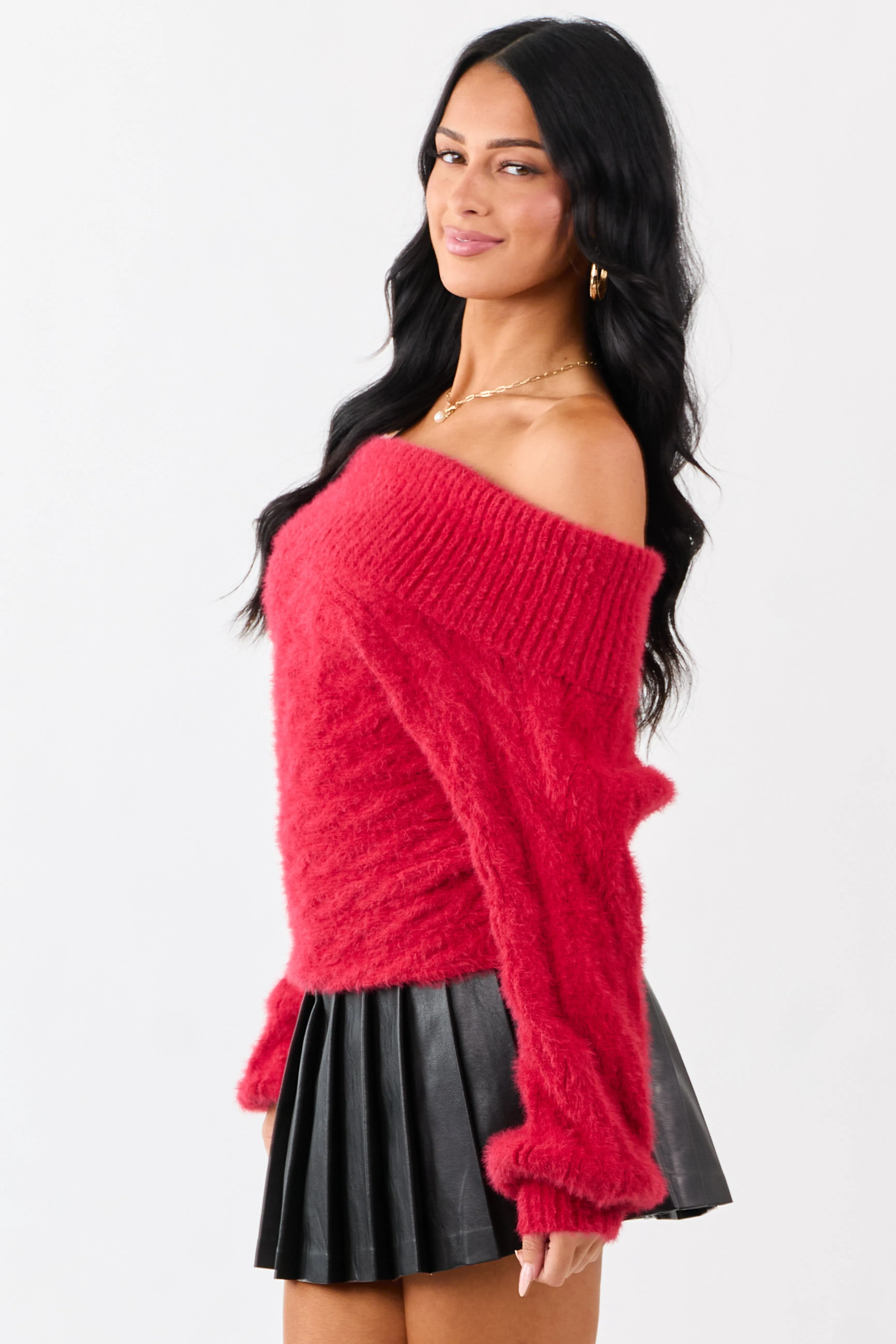 Ruby Fold Over Off Shoulder Eyelash Knit Sweater sold by Lime Lush product image thumbnail 5