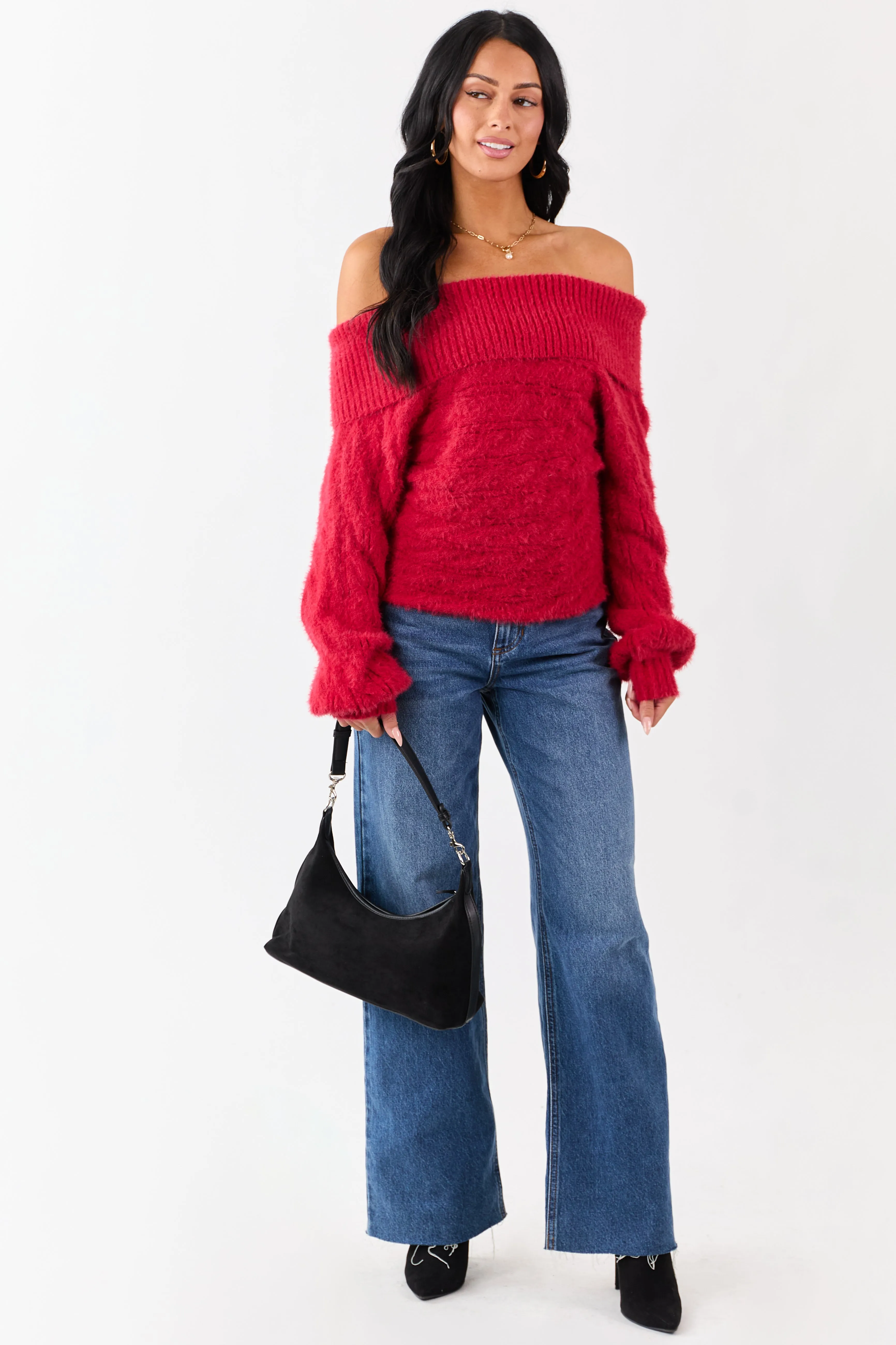 Ruby Fold Over Off Shoulder Eyelash Knit Sweater sold by Lime Lush product image thumbnail 4