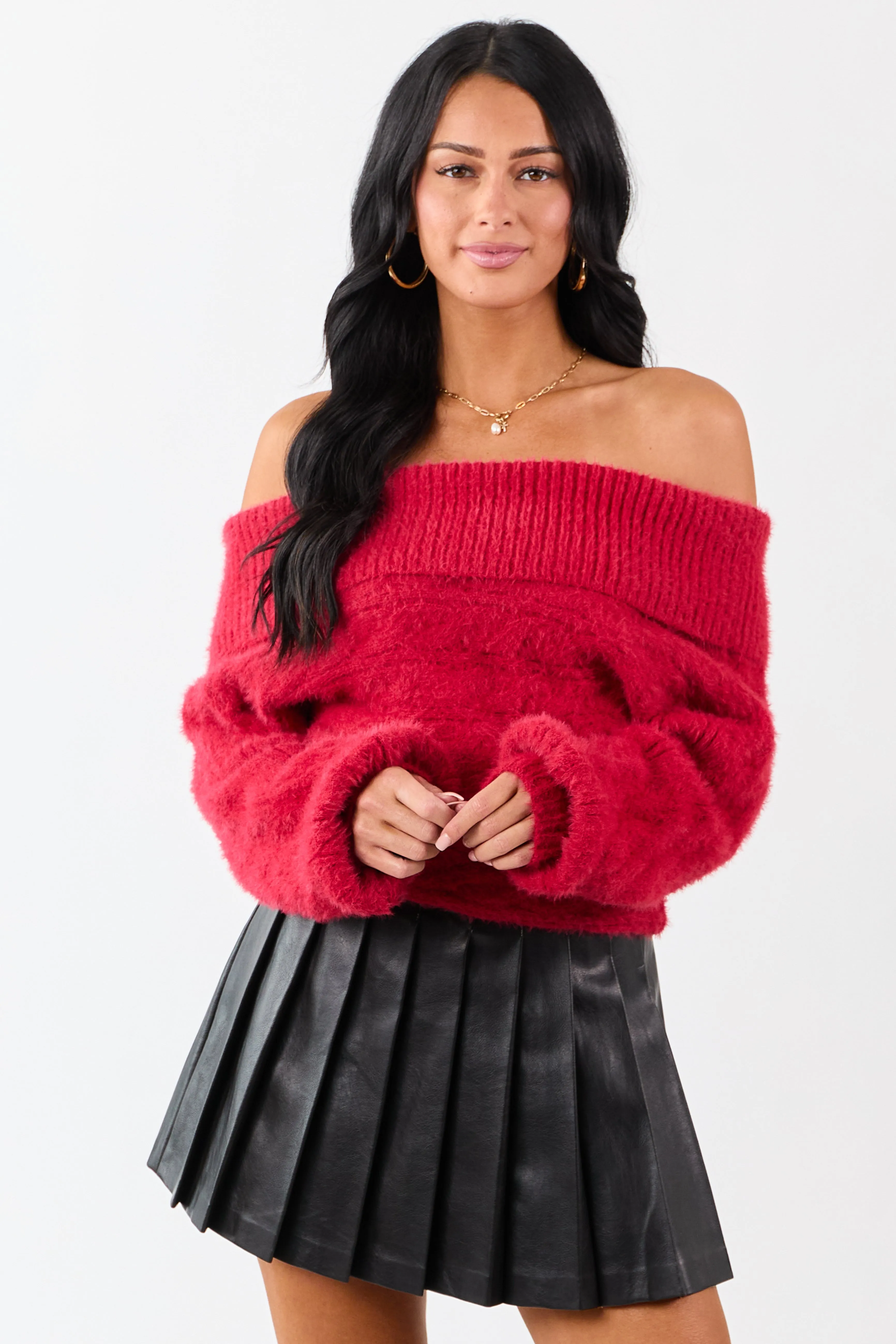 Ruby Fold Over Off Shoulder Eyelash Knit Sweater sold by Lime Lush