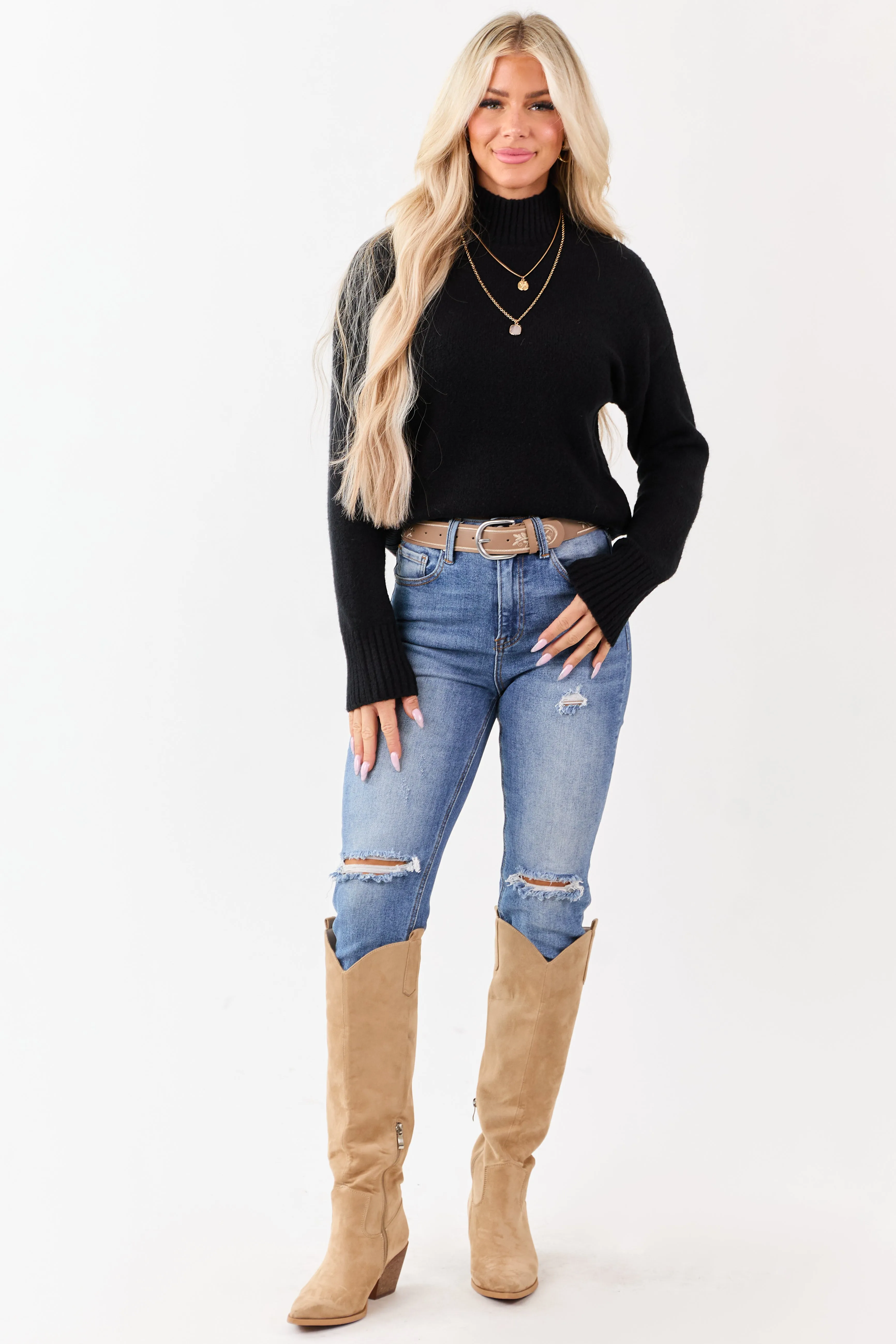 Black Mock Neck Relaxed Ribbed Trim Sweater sold by Lime Lush product image thumbnail 2