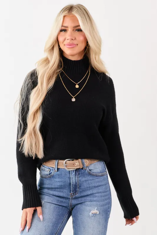 Black Mock Neck Relaxed Ribbed Trim Sweater sold by Lime Lush