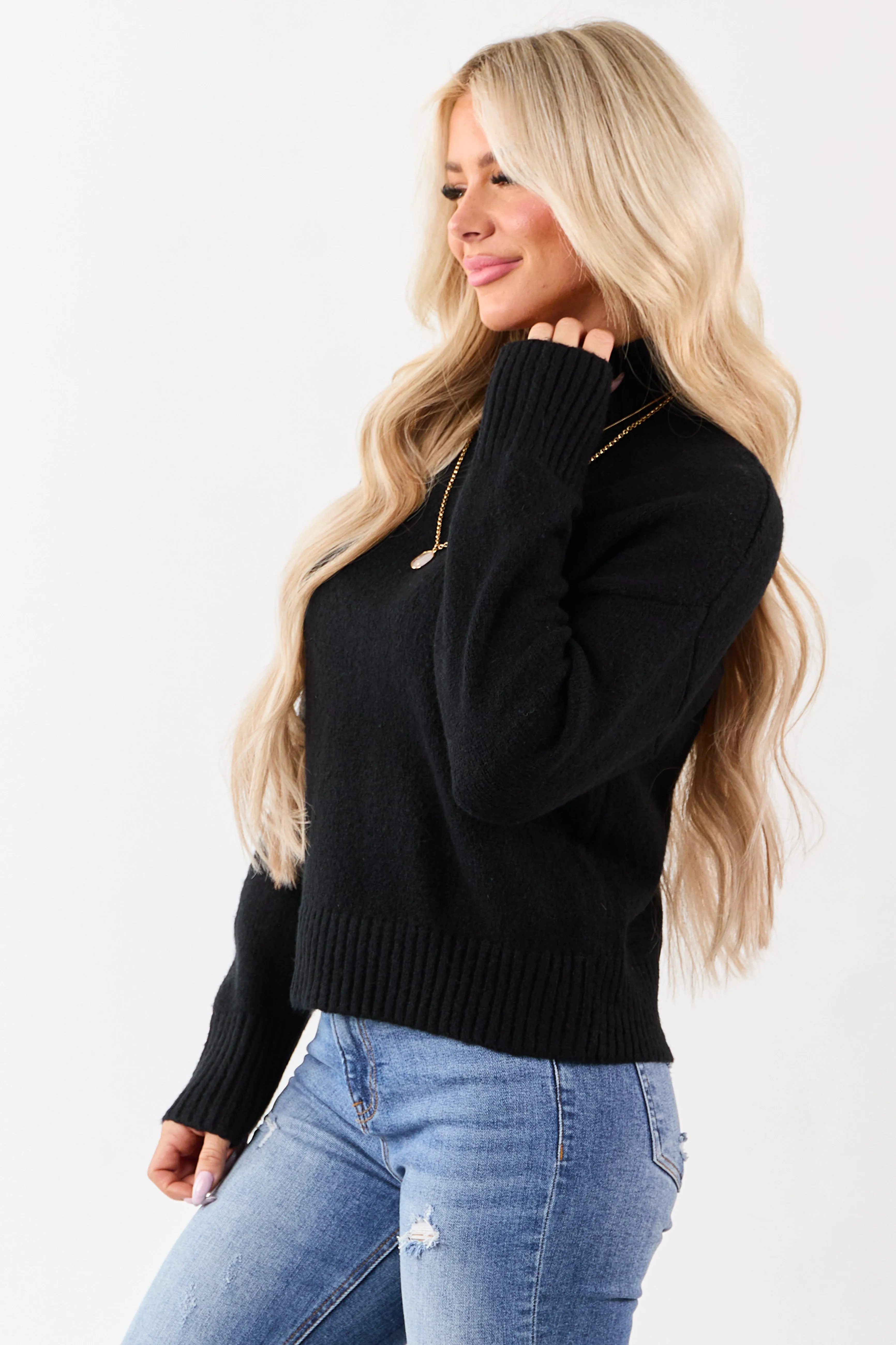 Black Mock Neck Relaxed Ribbed Trim Sweater sold by Lime Lush product image thumbnail 4