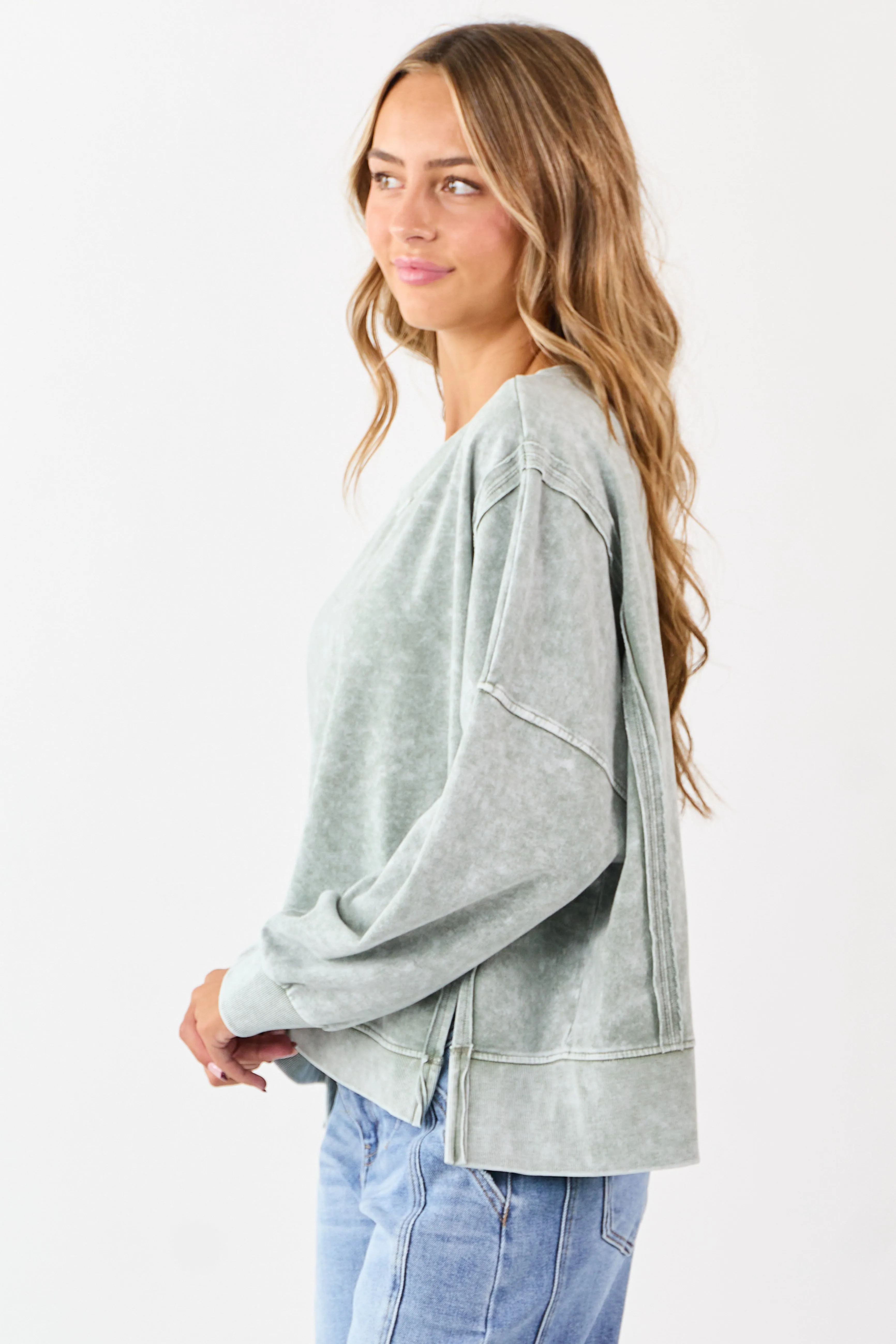 Washed Juniper Exposed Seam Long Sleeve Knit Top sold by Lime Lush product image thumbnail 4