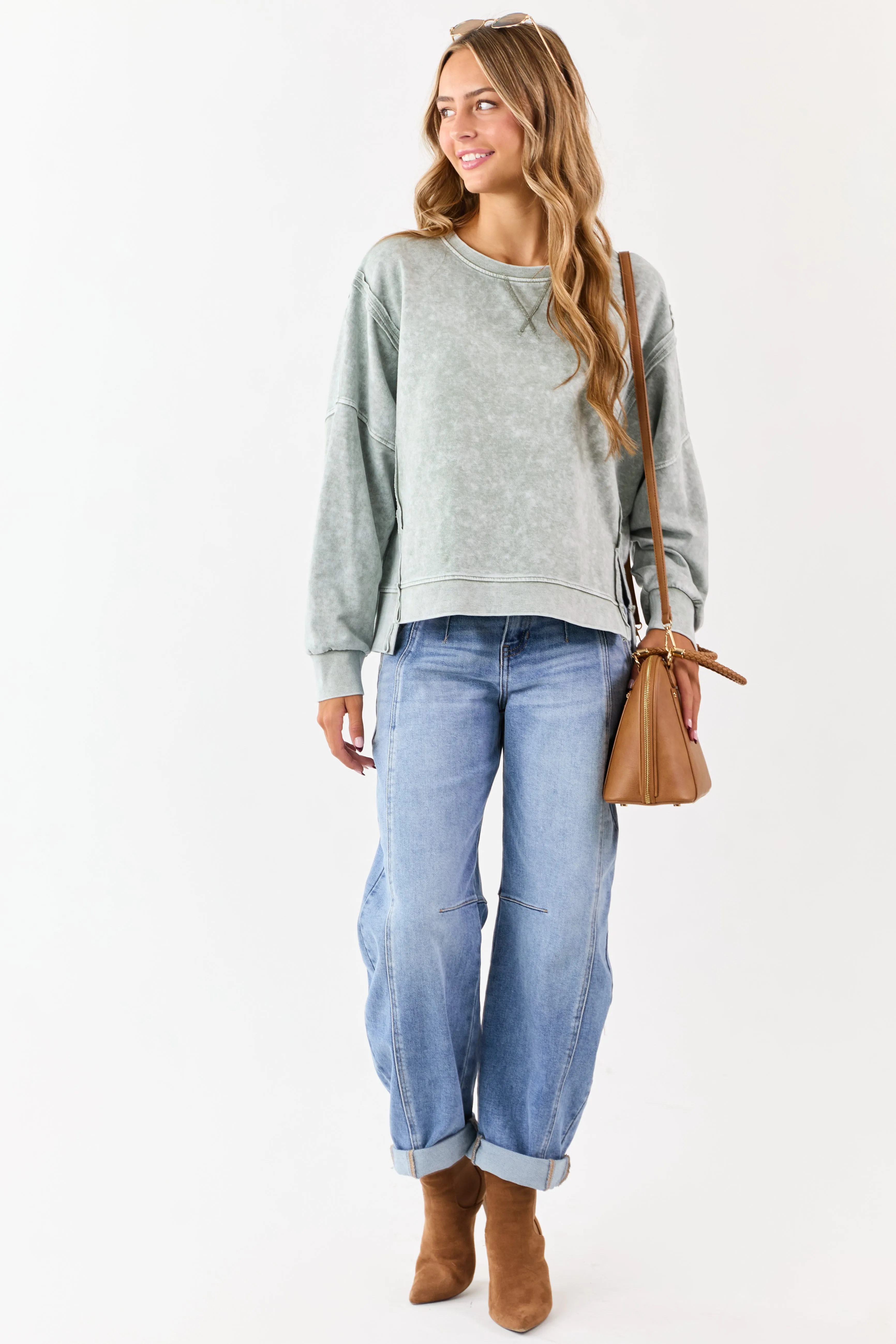 Washed Juniper Exposed Seam Long Sleeve Knit Top sold by Lime Lush product image thumbnail 2