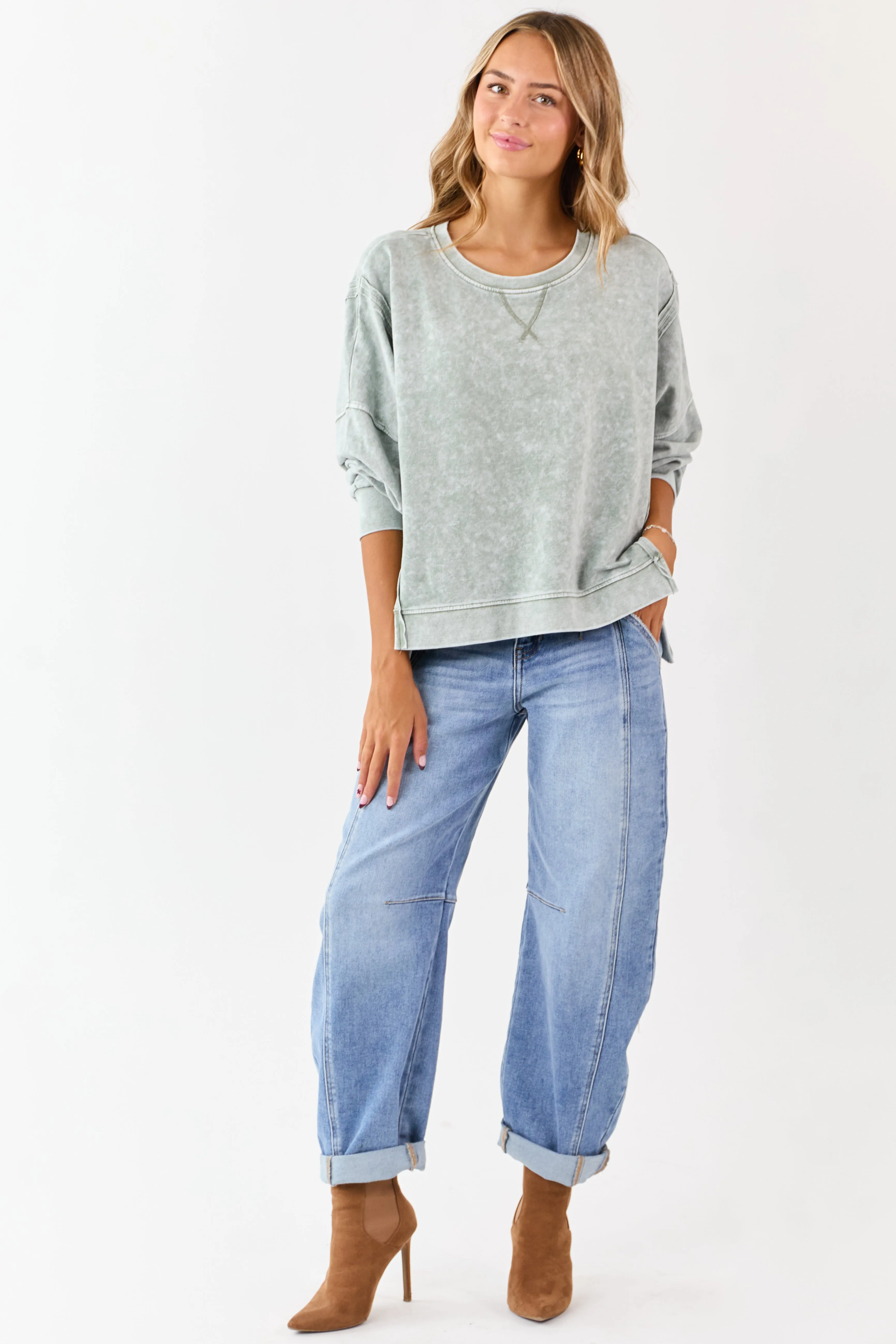 Washed Juniper Exposed Seam Long Sleeve Knit Top sold by Lime Lush product image thumbnail 3