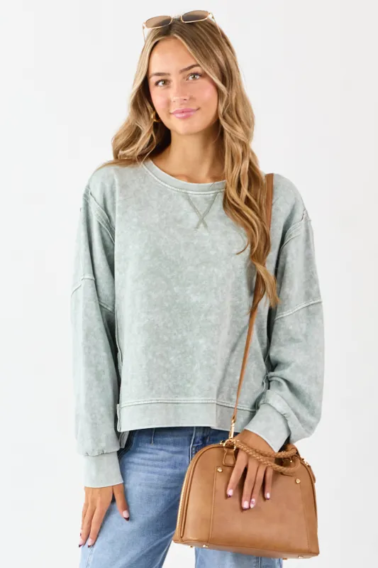 Washed Juniper Exposed Seam Long Sleeve Knit Top sold by Lime Lush