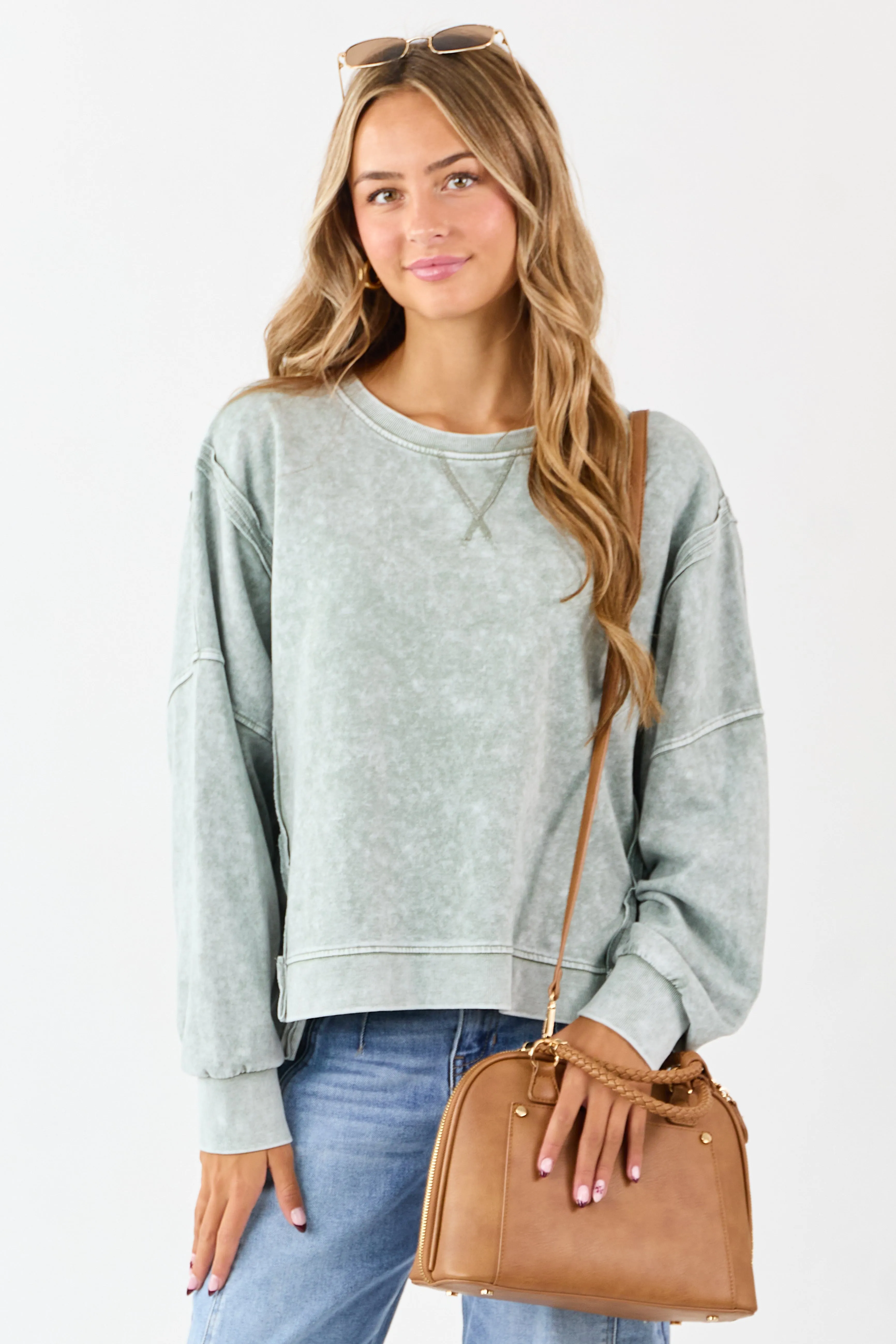 Washed Juniper Exposed Seam Long Sleeve Knit Top sold by Lime Lush