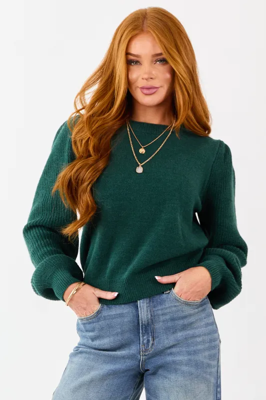Forest Green Ribbed Knit Puff Long Sleeve Sweater sold by Lime Lush