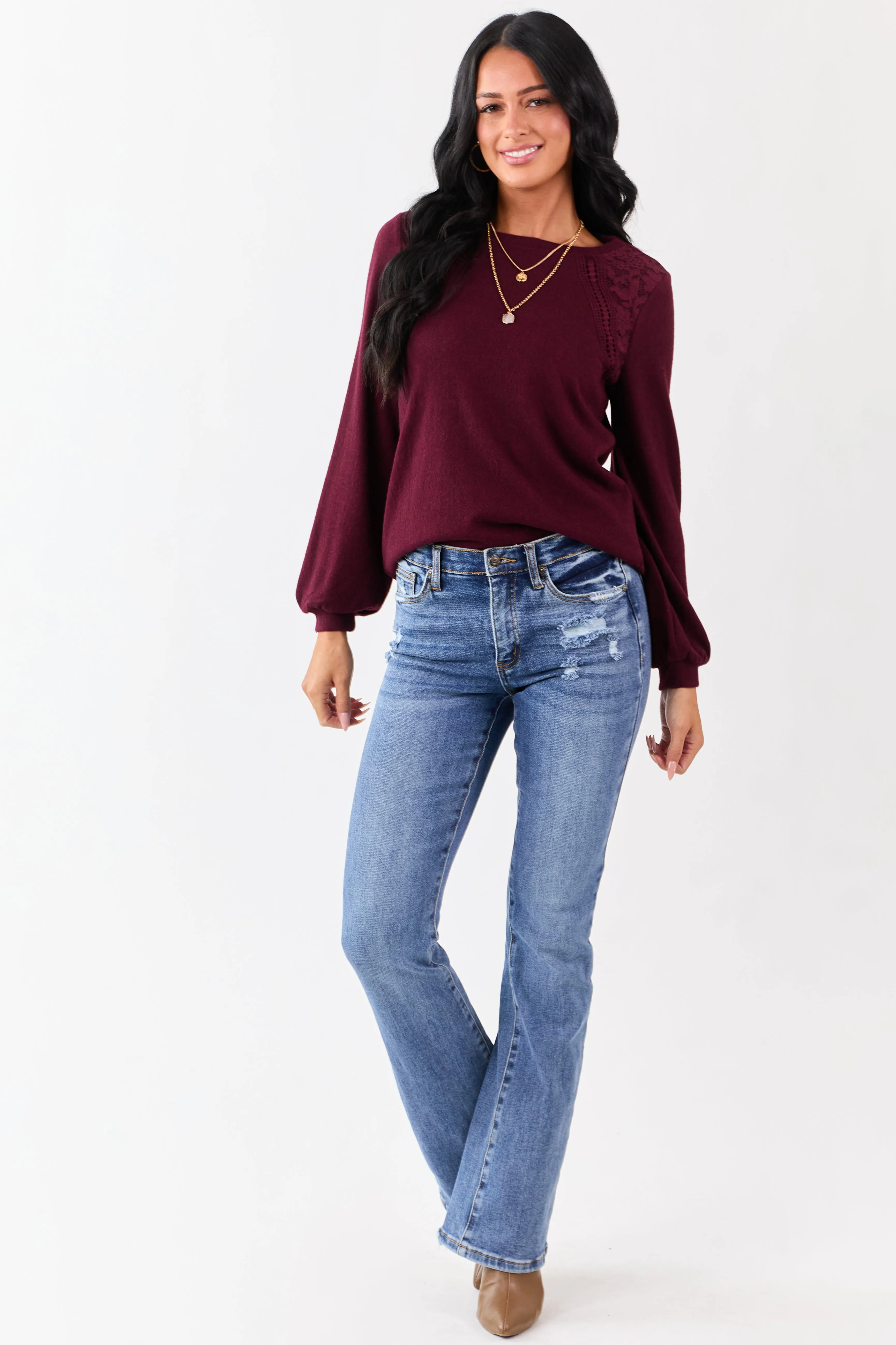 Wine Floral Lace Detailed Sweater sold by Lime Lush product image thumbnail 2