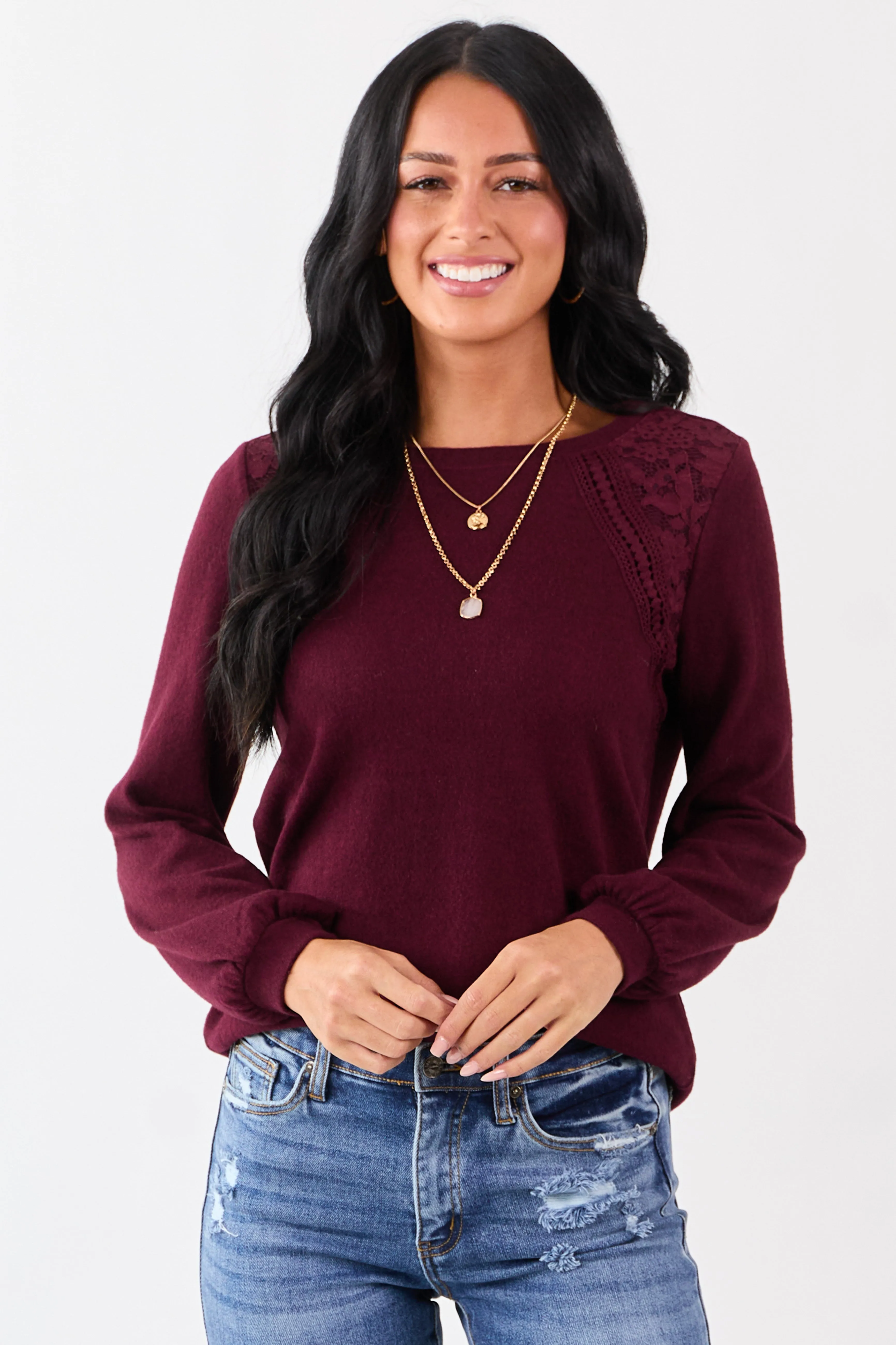 Wine Floral Lace Detailed Sweater sold by Lime Lush