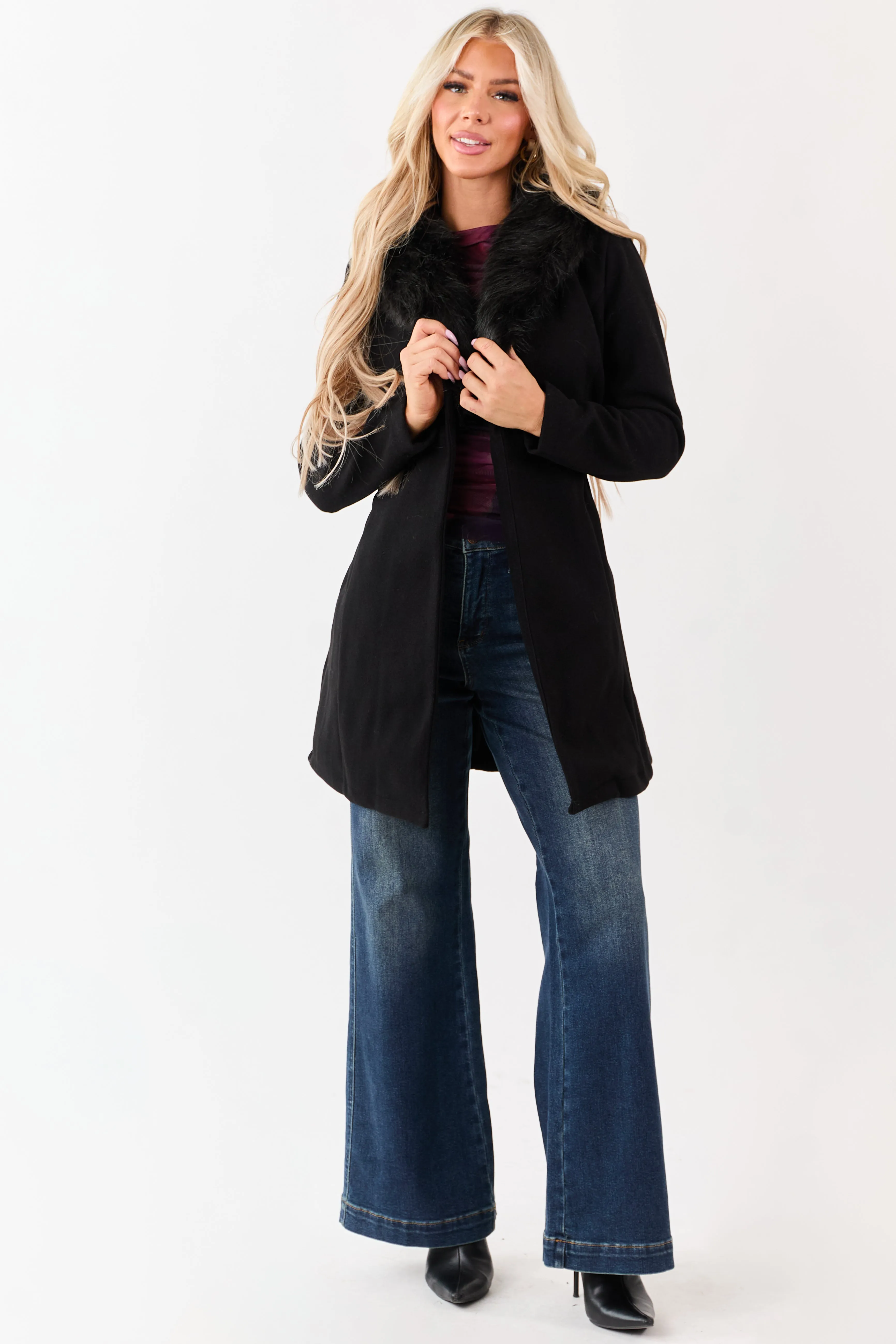 Black Faux Fur Lapel Collar Waist Tie Long Coat sold by Lime Lush product image thumbnail 4