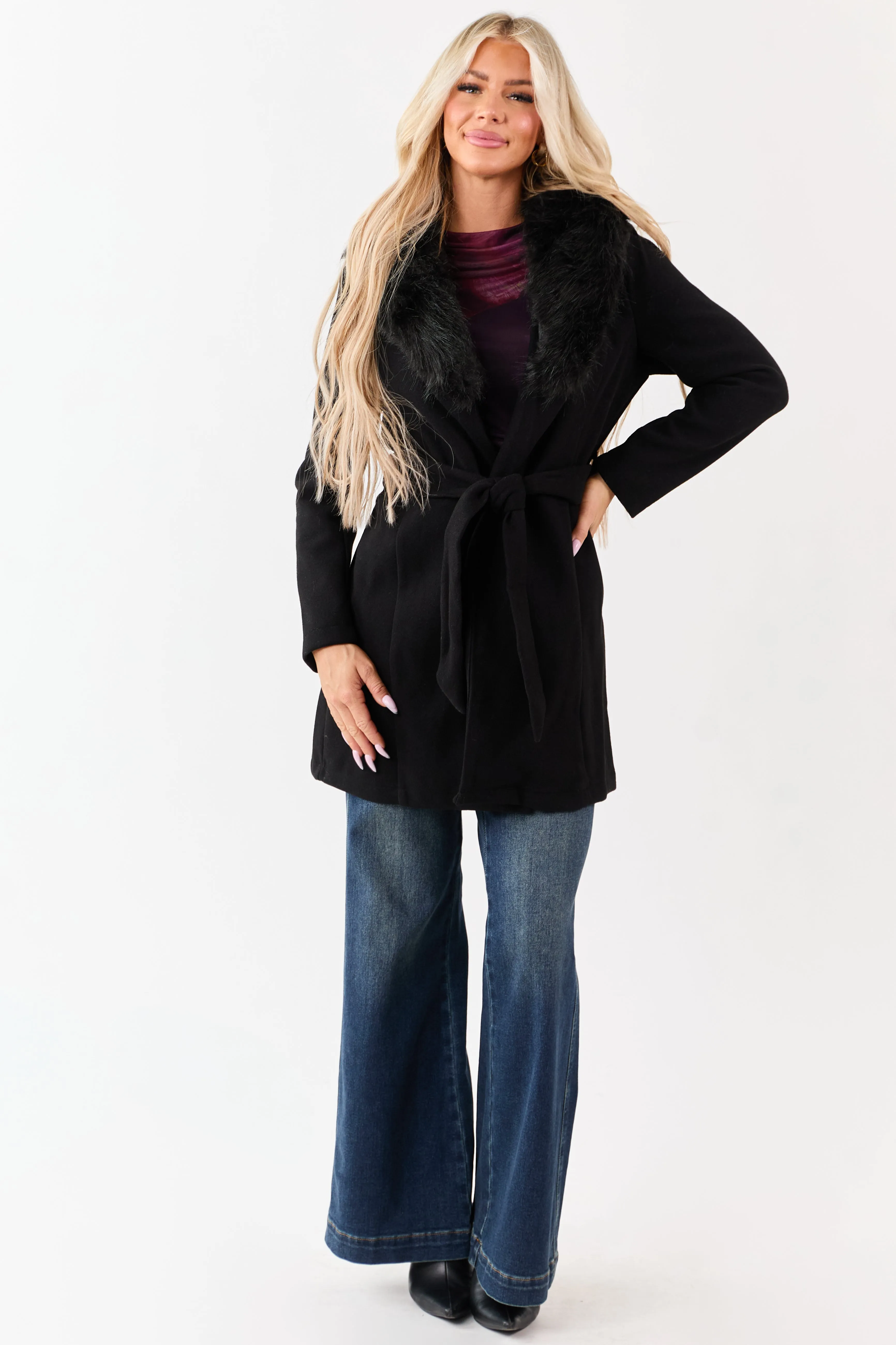 Black Faux Fur Lapel Collar Waist Tie Long Coat sold by Lime Lush product image thumbnail 3
