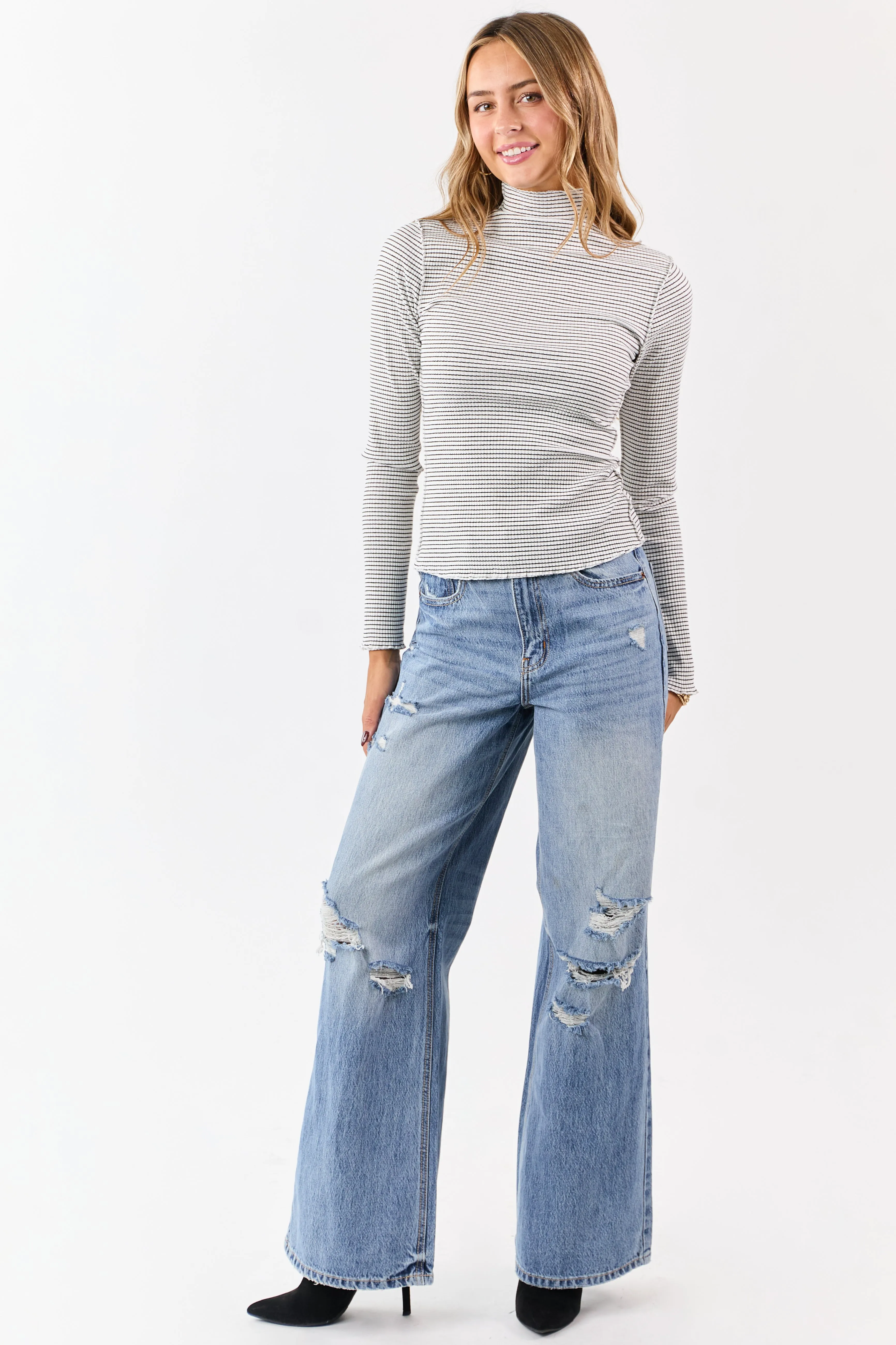 Ivory Striped Ribbed Knit Long Sleeve Mock Neck Top sold by Lime Lush product image thumbnail 3
