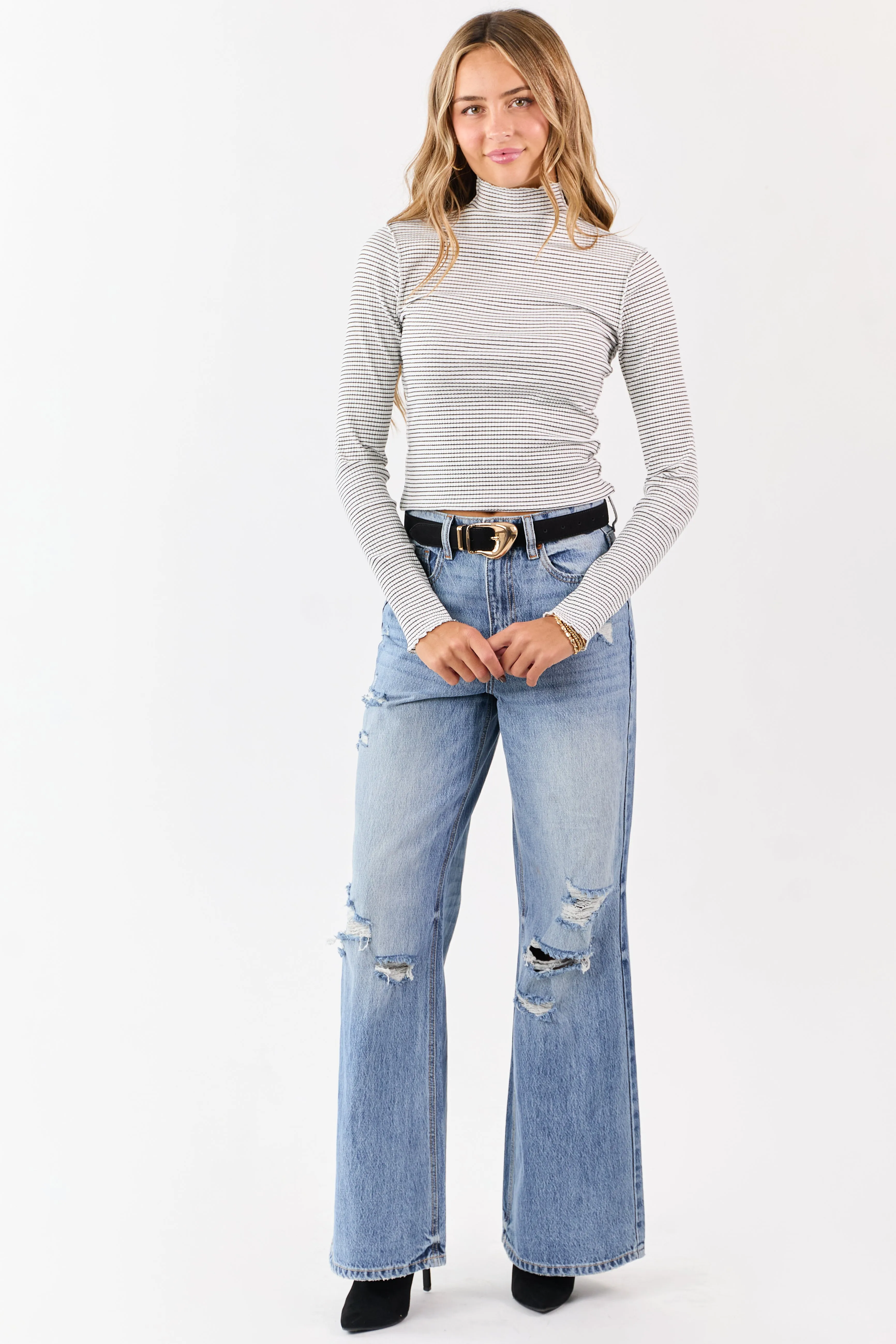 Ivory Striped Ribbed Knit Long Sleeve Mock Neck Top sold by Lime Lush product image thumbnail 2