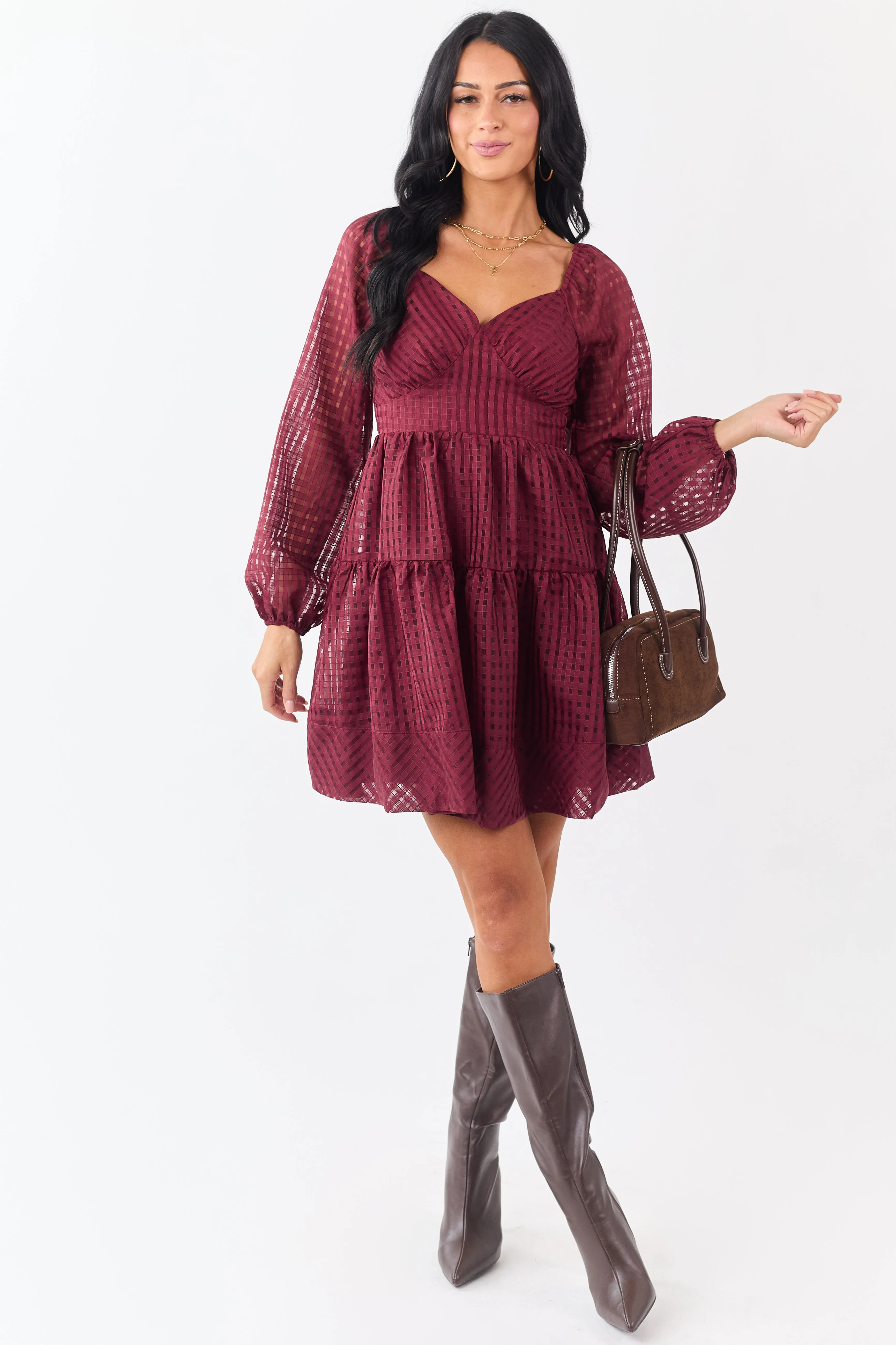 Maroon Grid Pattern Sweetheart Neck Mini Dress sold by Lime Lush product image thumbnail 2