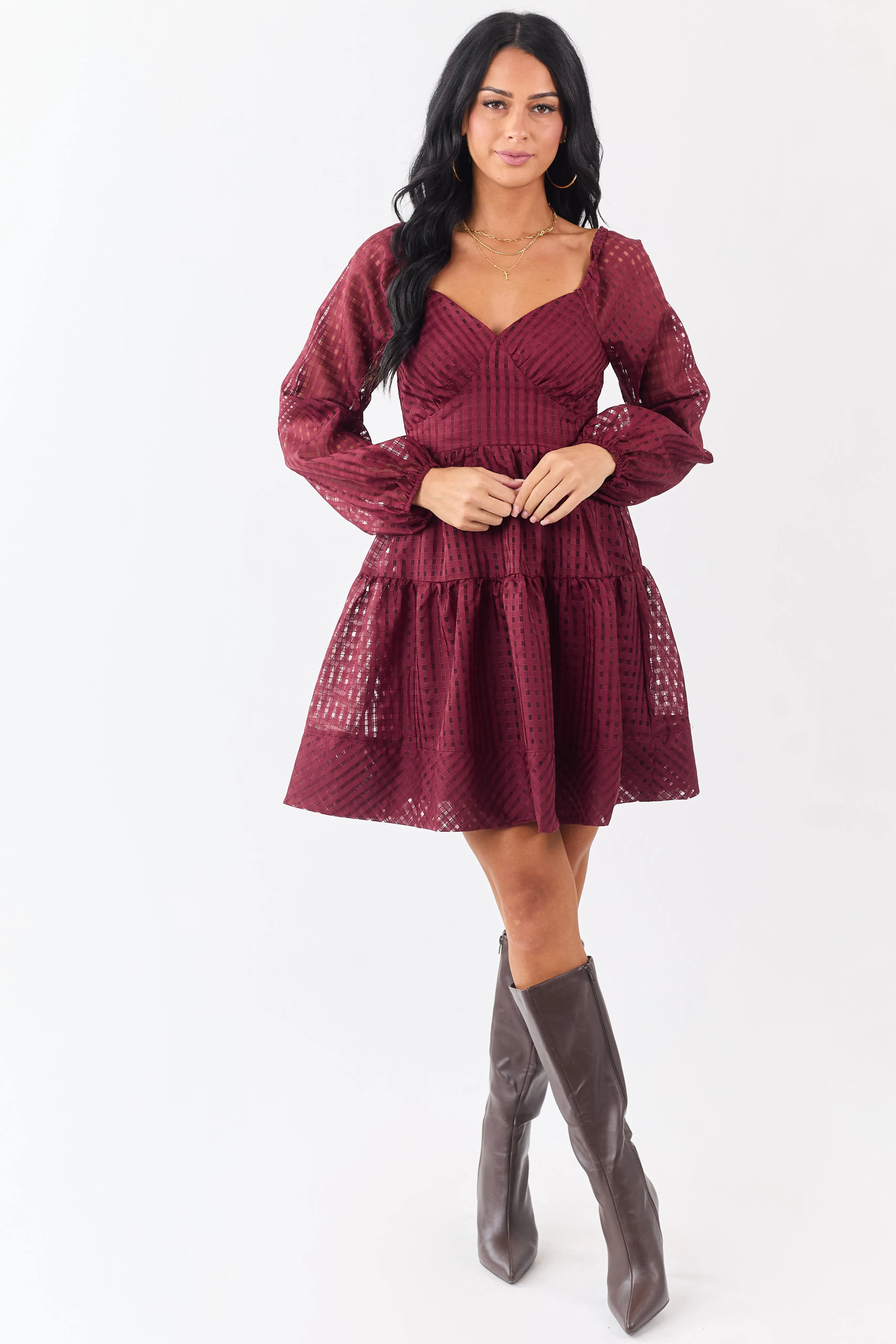 Maroon Grid Pattern Sweetheart Neck Mini Dress sold by Lime Lush product image thumbnail 3
