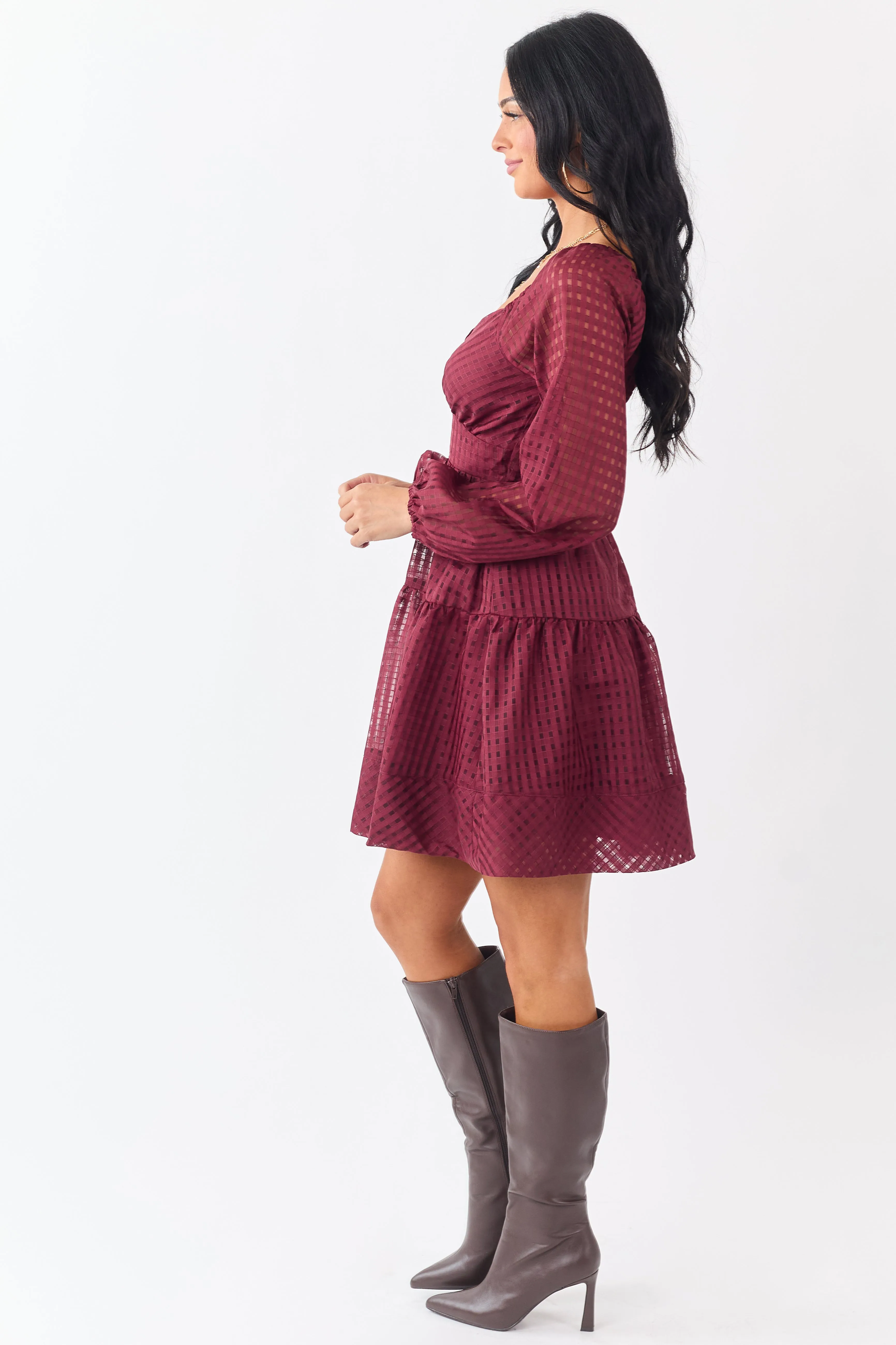 Maroon Grid Pattern Sweetheart Neck Mini Dress sold by Lime Lush product image thumbnail 5