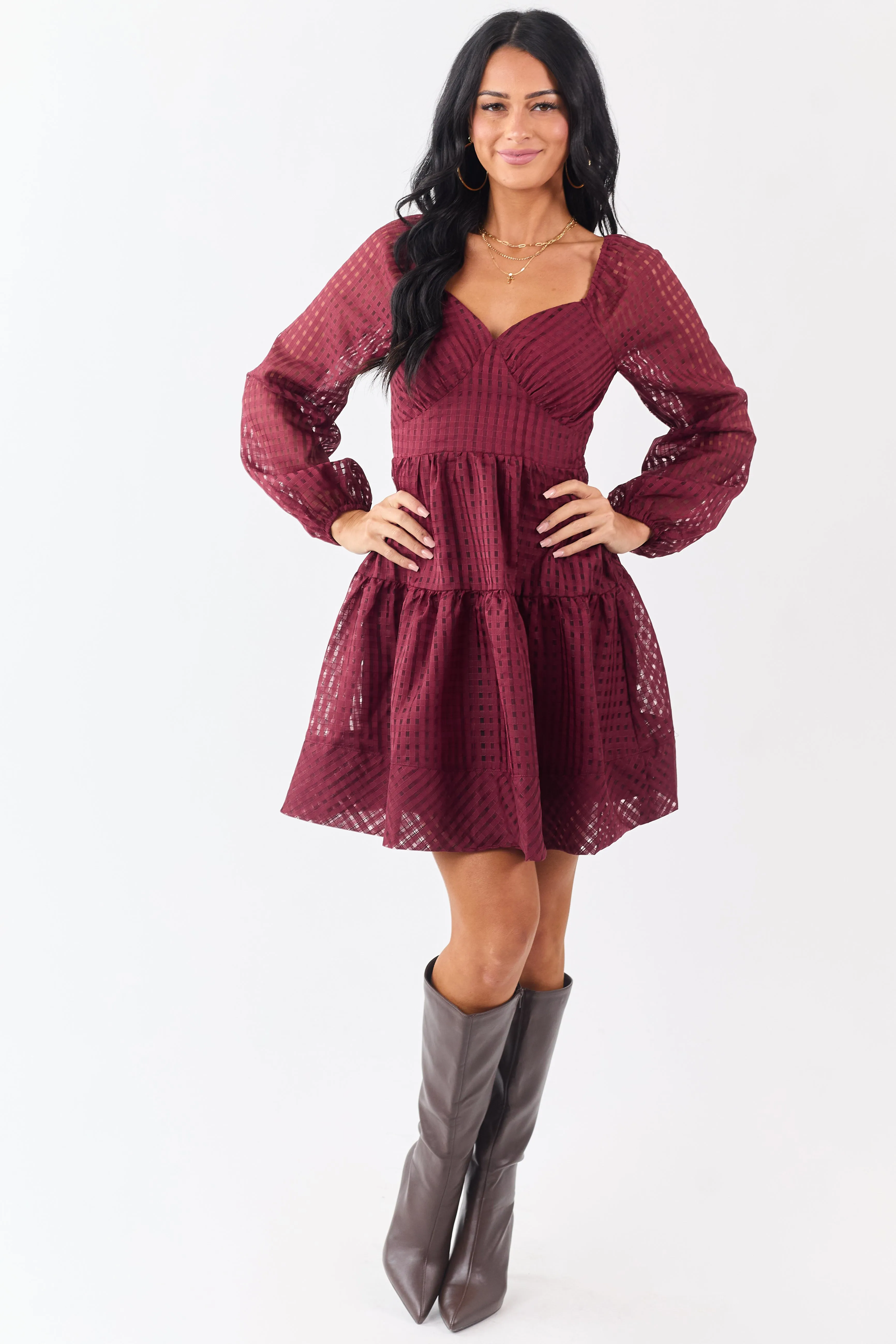 Maroon Grid Pattern Sweetheart Neck Mini Dress sold by Lime Lush