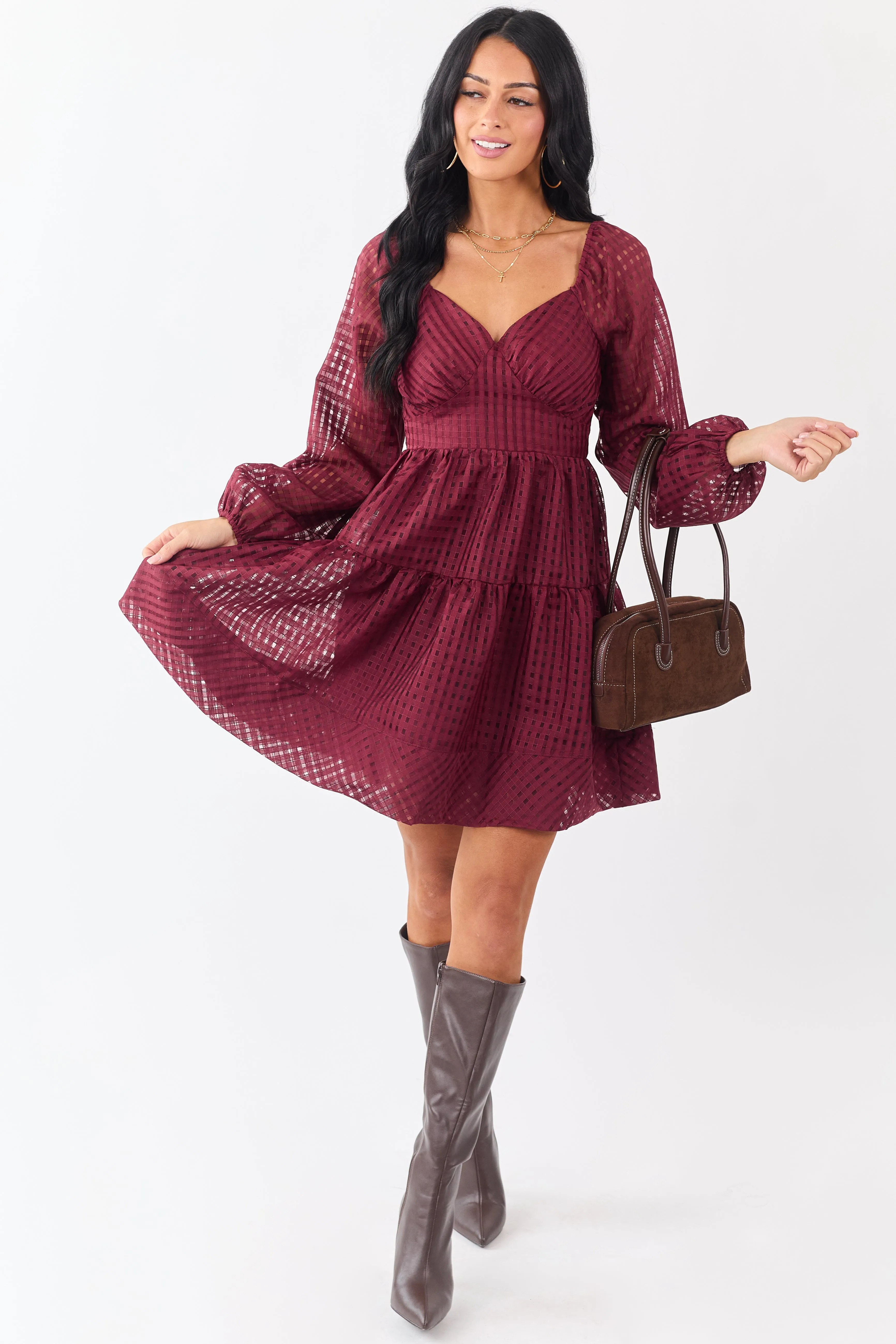 Maroon Grid Pattern Sweetheart Neck Mini Dress sold by Lime Lush product image thumbnail 4